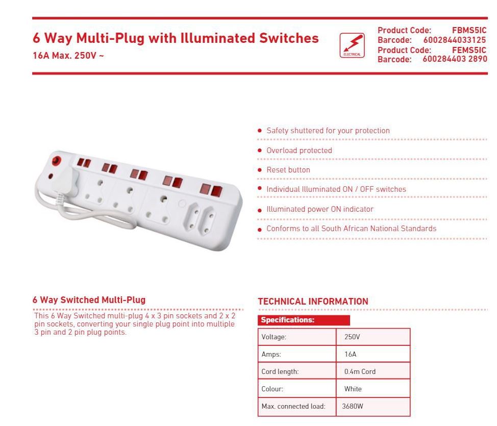 Ellies 6 Way Multiplug with Illuminated Switches 16A Max. 250V (FBMS5IC)