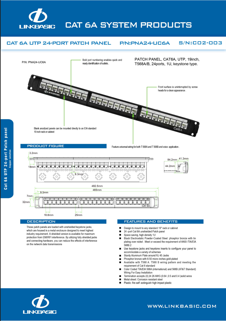Linkbasic 24 Port Cat6a Rack Mount Patch Panel