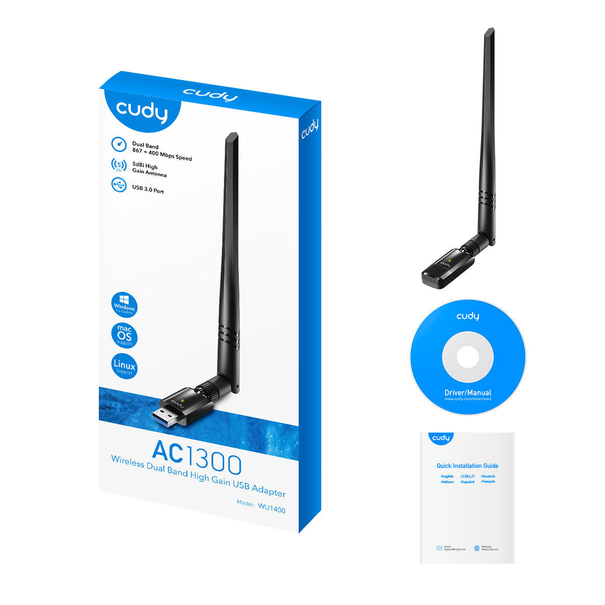 Cudy Dual Band WiFi 5 1300Mbps 5dBi USB 3.0 Adapter | WU1400