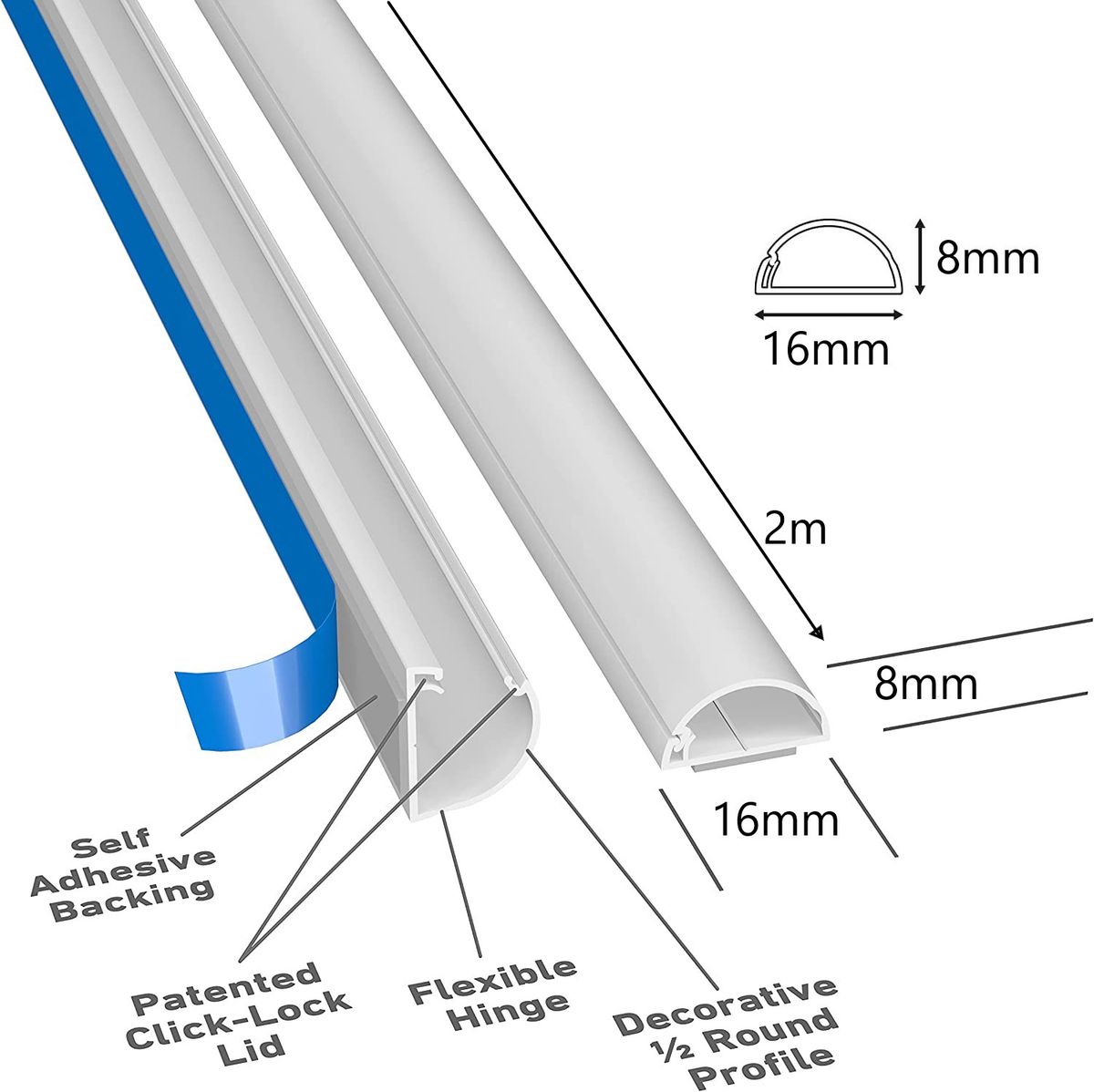 D-Line Half Round Micro Cable Trunking / ducting 16mm x 8mm x 2m white