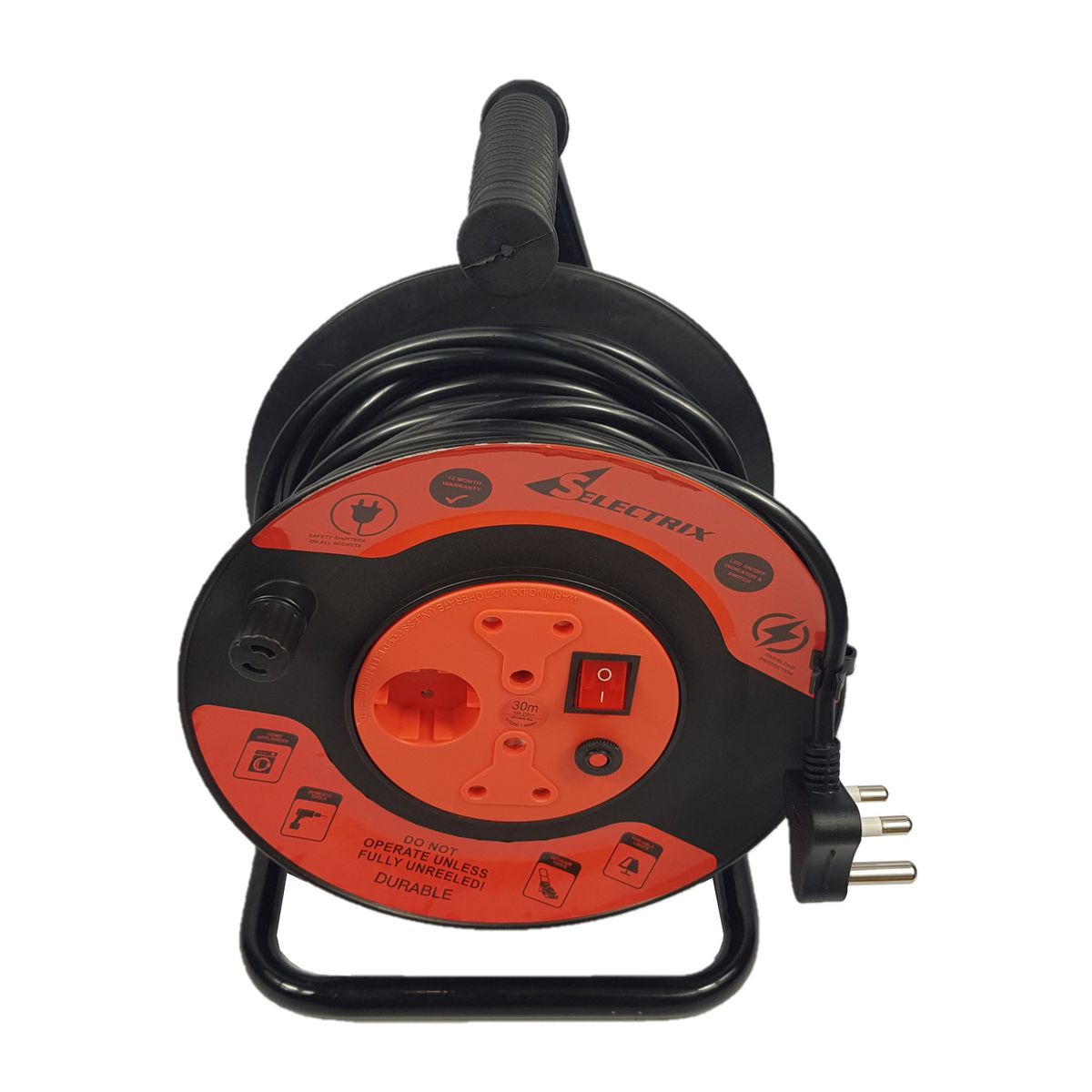 30m Open Extension Reel 3-Way with Switch: 250V ~ 2 x 10A/ 1 x 5A (Max 10A)