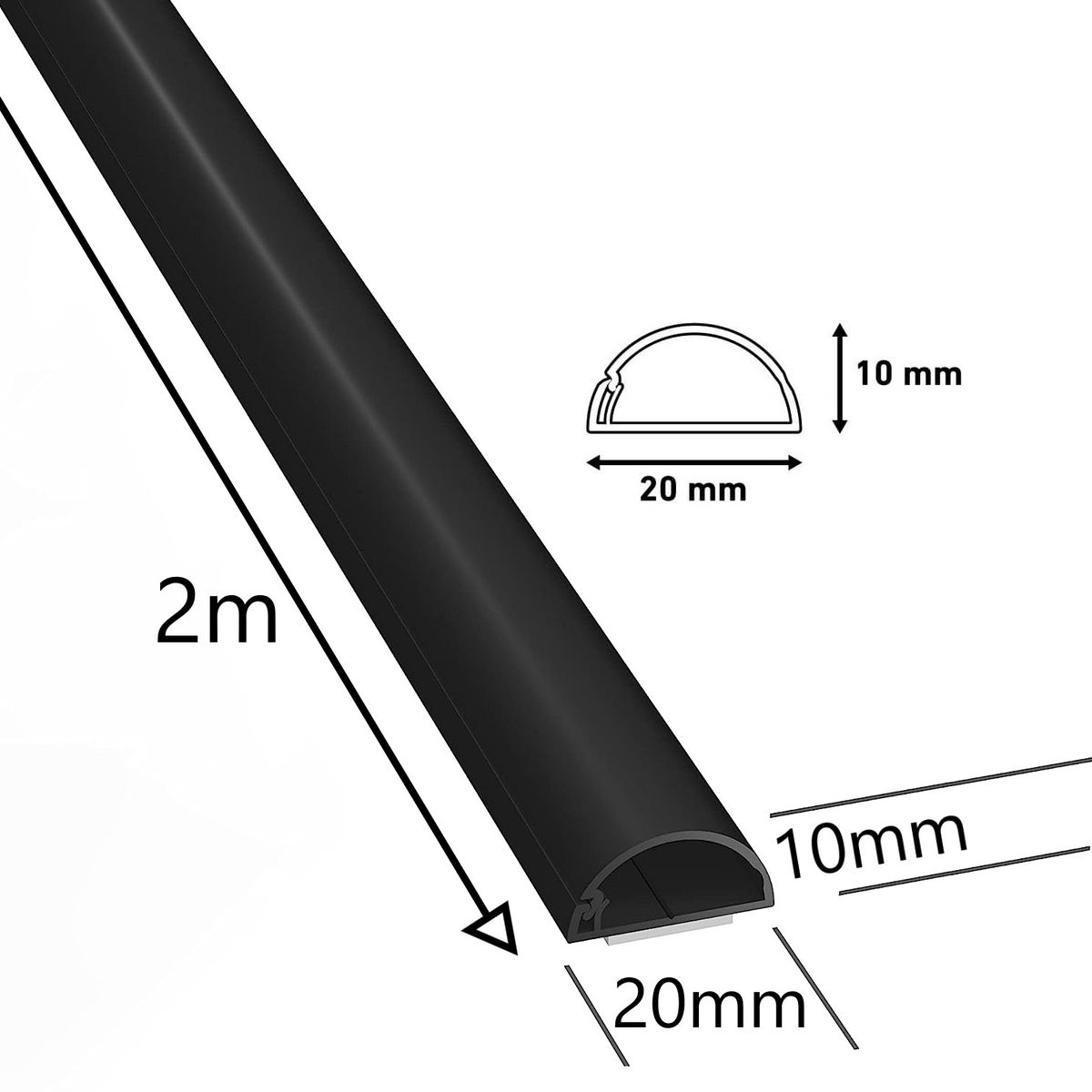 D-Line Half Round Micro Cable Trunking / ducting 20mm x 10mm x 2m: BLACK