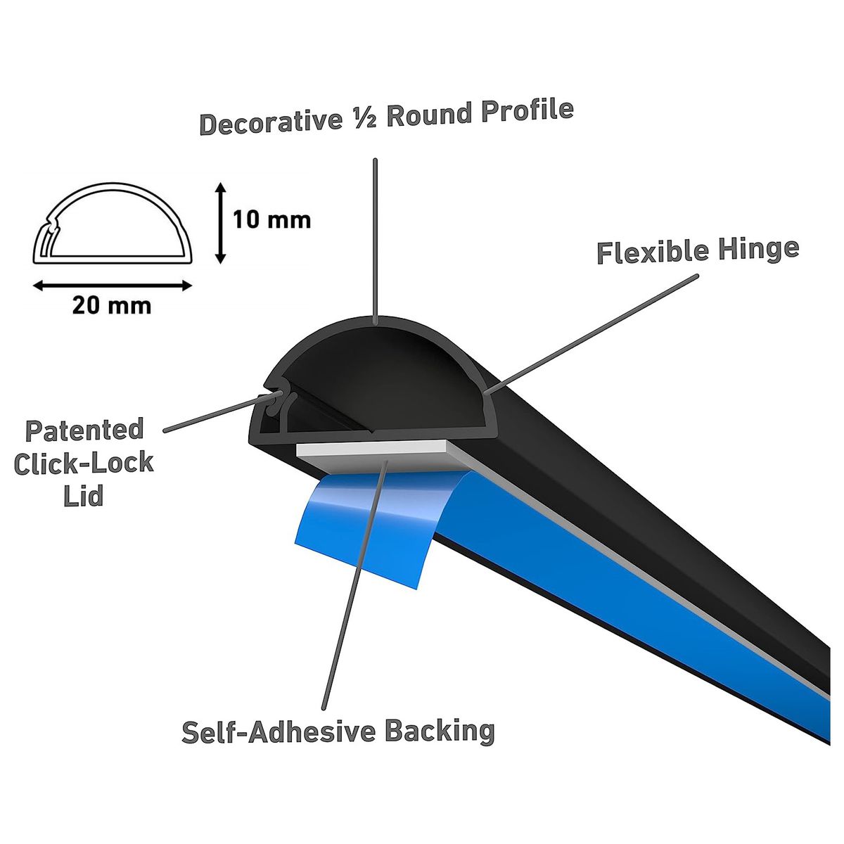 D-Line Half Round Micro Cable Trunking / ducting 20mm x 10mm x 2m: BLACK