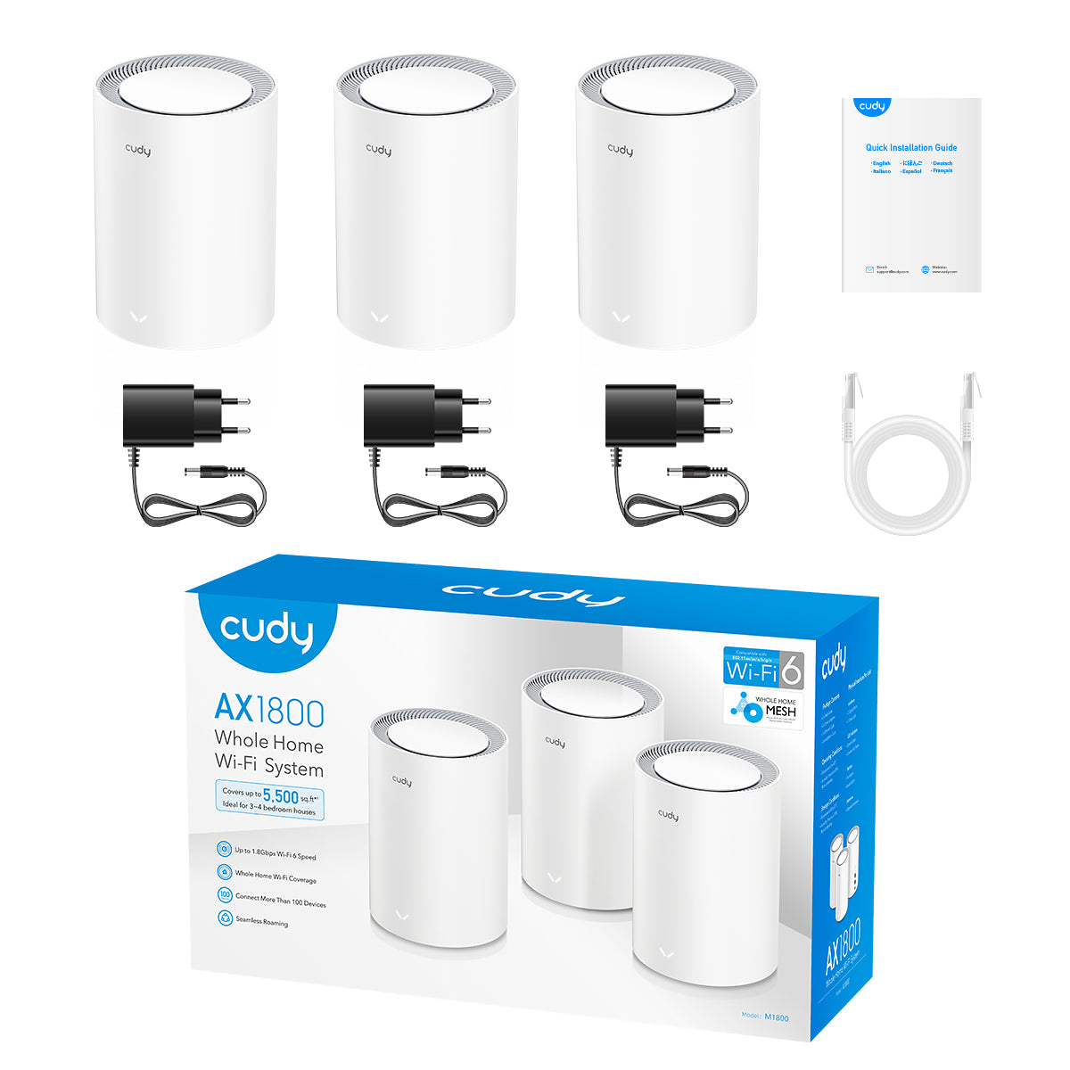 Cudy Dual Band WiFi 6 1800Mbps Gigabit Mesh Router 3 Pack | M1800 (3-Pack)