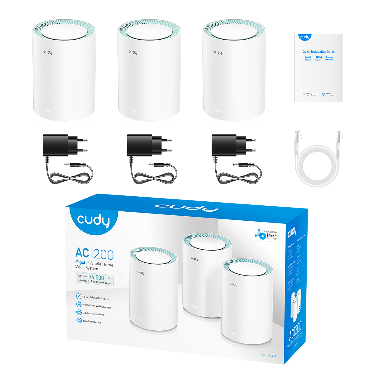 Cudy: Dual Band WiFi 5 1200Mbps Gigabit Mesh Router 3 Pack | M1300 (3-Pack)