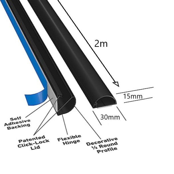 D-Line: Half Round Cable Management Trunking - 30mm x 15mm x 2m - BLACK