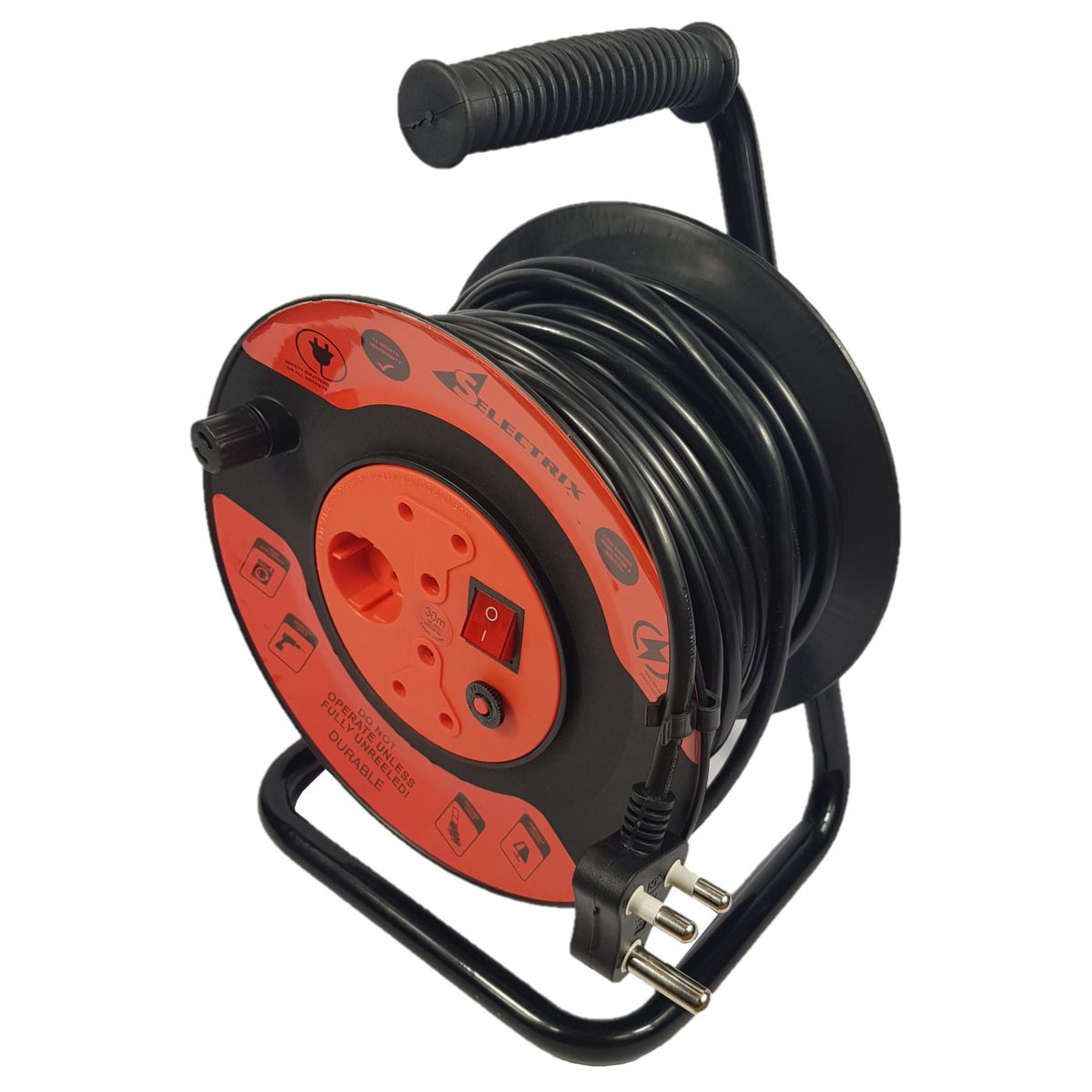 30m Open Extension Reel 3-Way with Switch: 250V ~ 2 x 10A/ 1 x 5A (Max 10A)