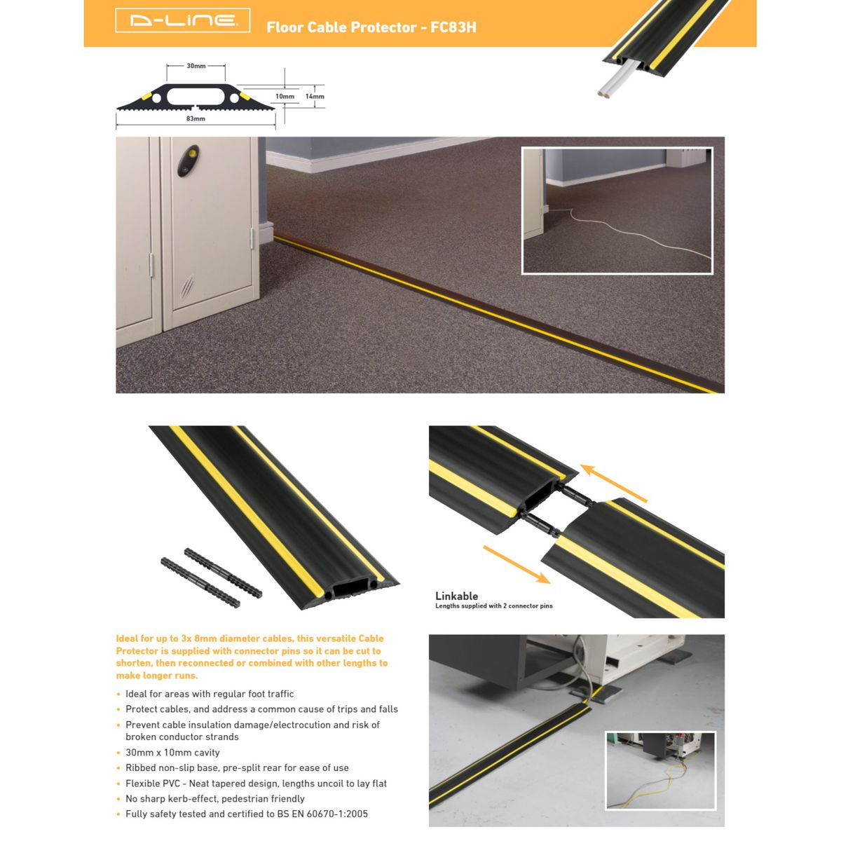 D-Line Heavy Duty Floor Cable Cover Yellow Stripe 1.8m (30mm x 10mm Cavity)