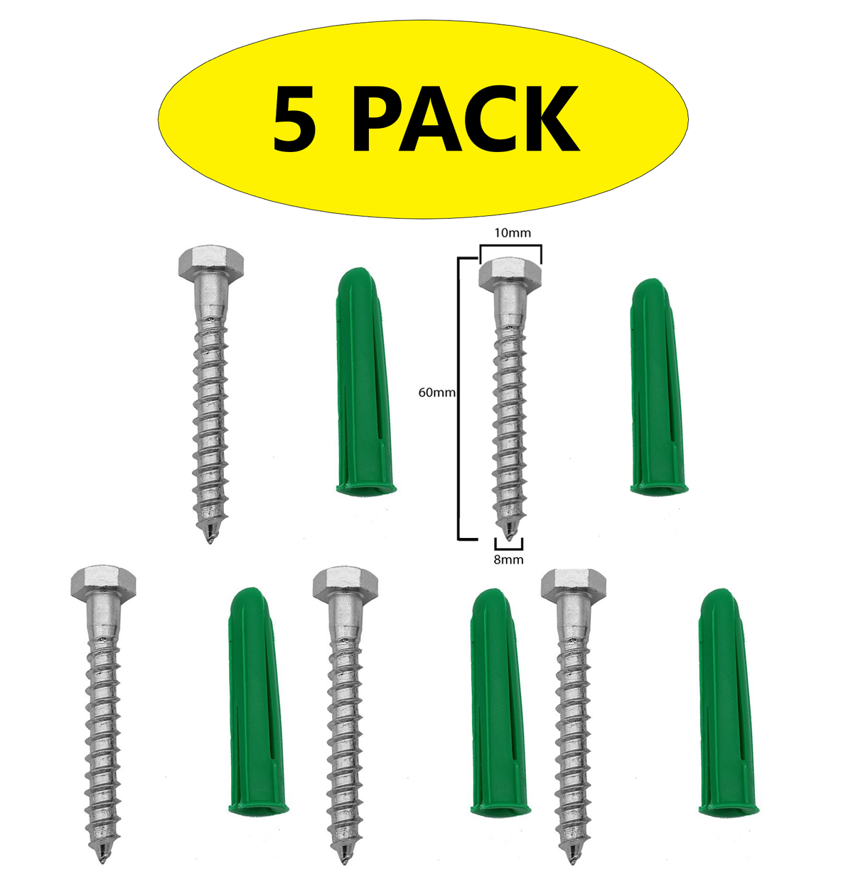 5 X Coach Screws Galvanized (65mm x 8mm) plus 5 X Wall Plugs combo.