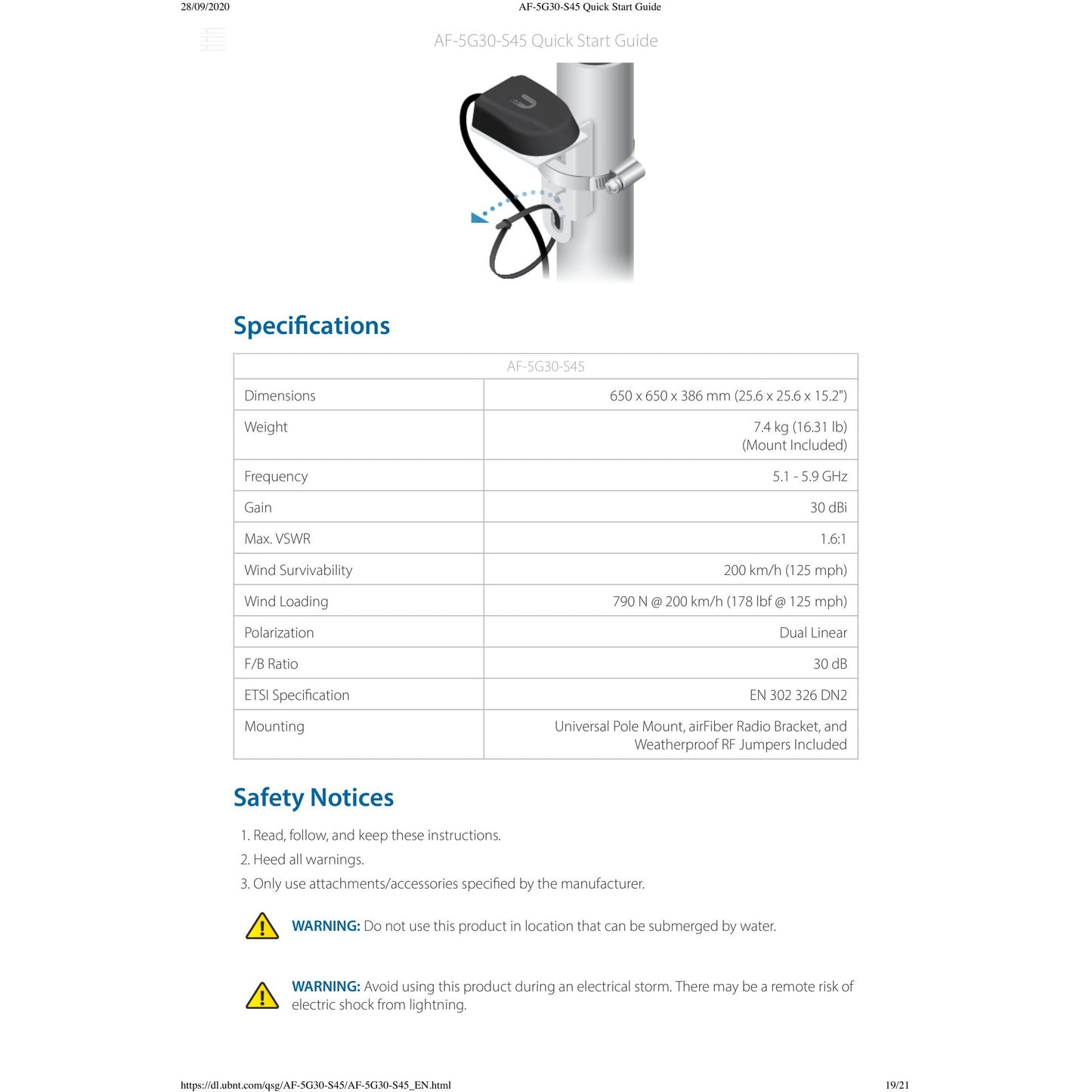 Ubiquiti UISP airFiberX 5GHz 30dBi 45° Slant Dish Antenna | AF-5G30-S45