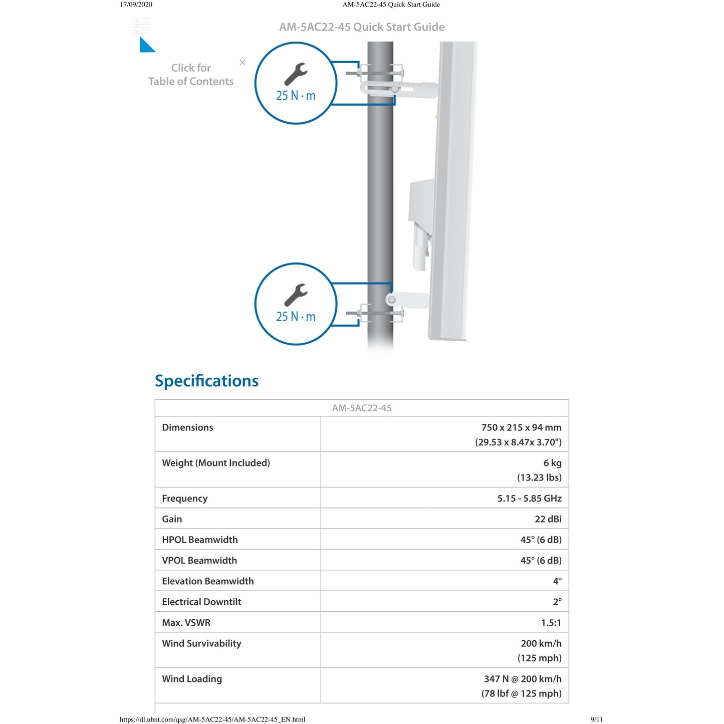 Ubiquiti UISP airMAX AC 5GHz 22dBi 45° Sector Antenna | AM-5AC22-45
