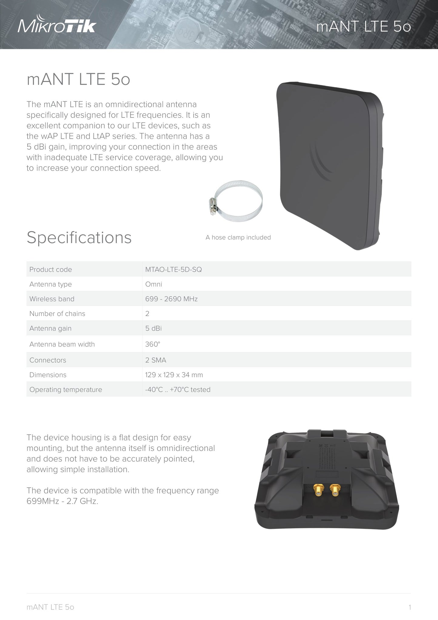 MikroTik mANT LTE 5o 5dBi Omni Antenna | MTAO-LTE-5D-SQ
