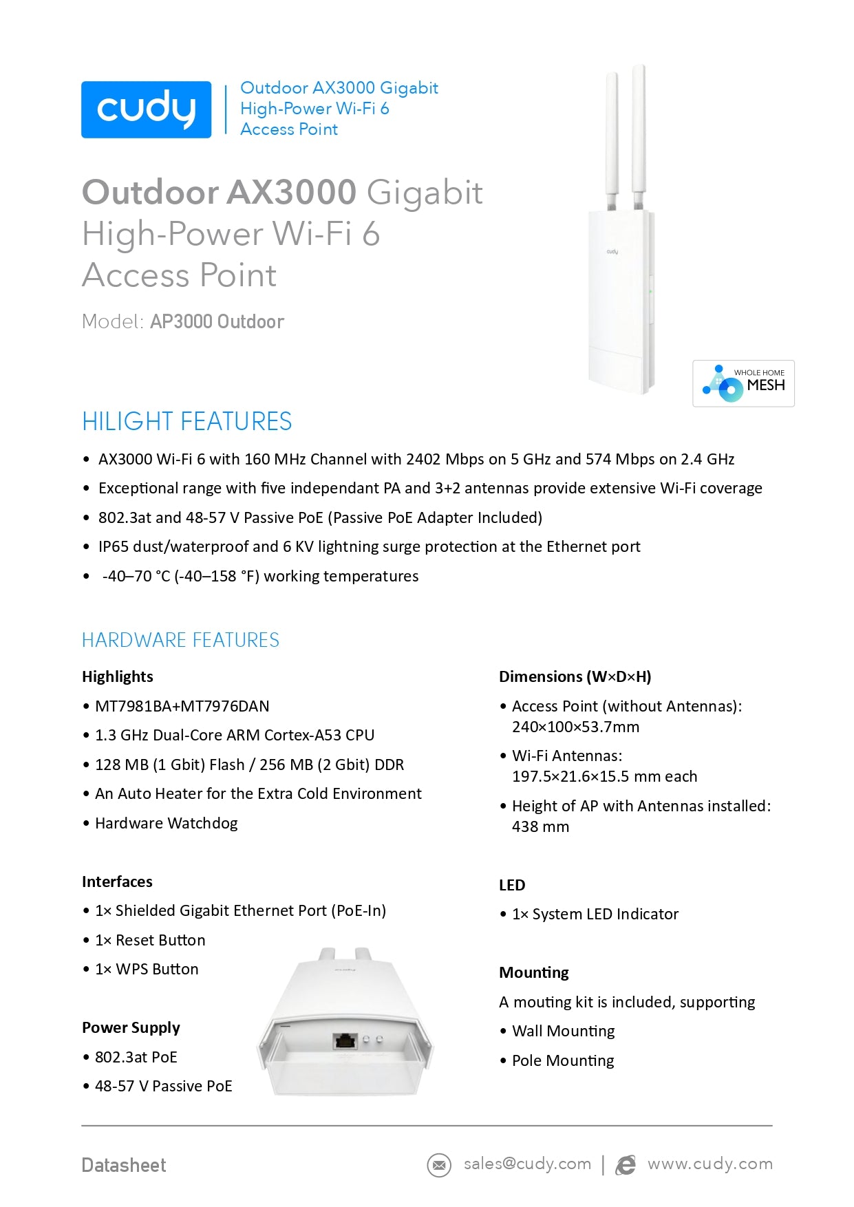 Cudy Dual Band 3000Mbps WiFi 6 Outdoor Access Point | AP3000 Outdoor