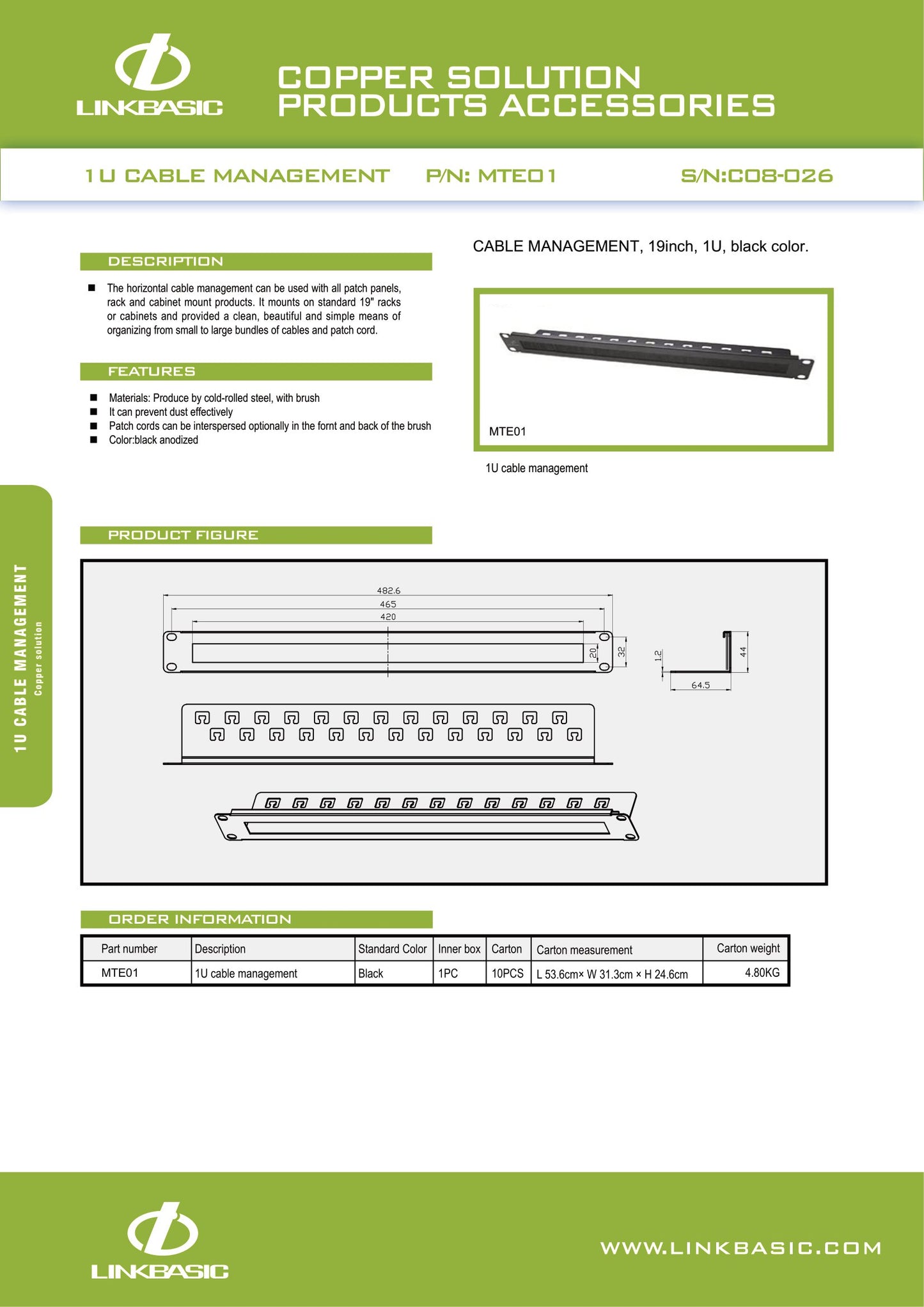 Linkbasic 19-inch Rack Mount Brush Panel