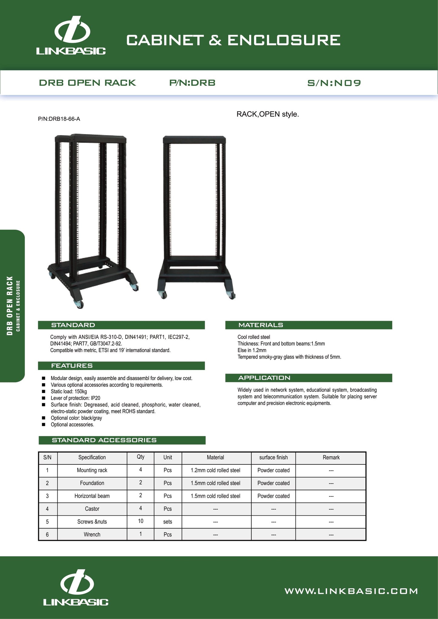 Linkbasic 22U 600 Deep Open Rack Network Cabinet & 2 Shelves