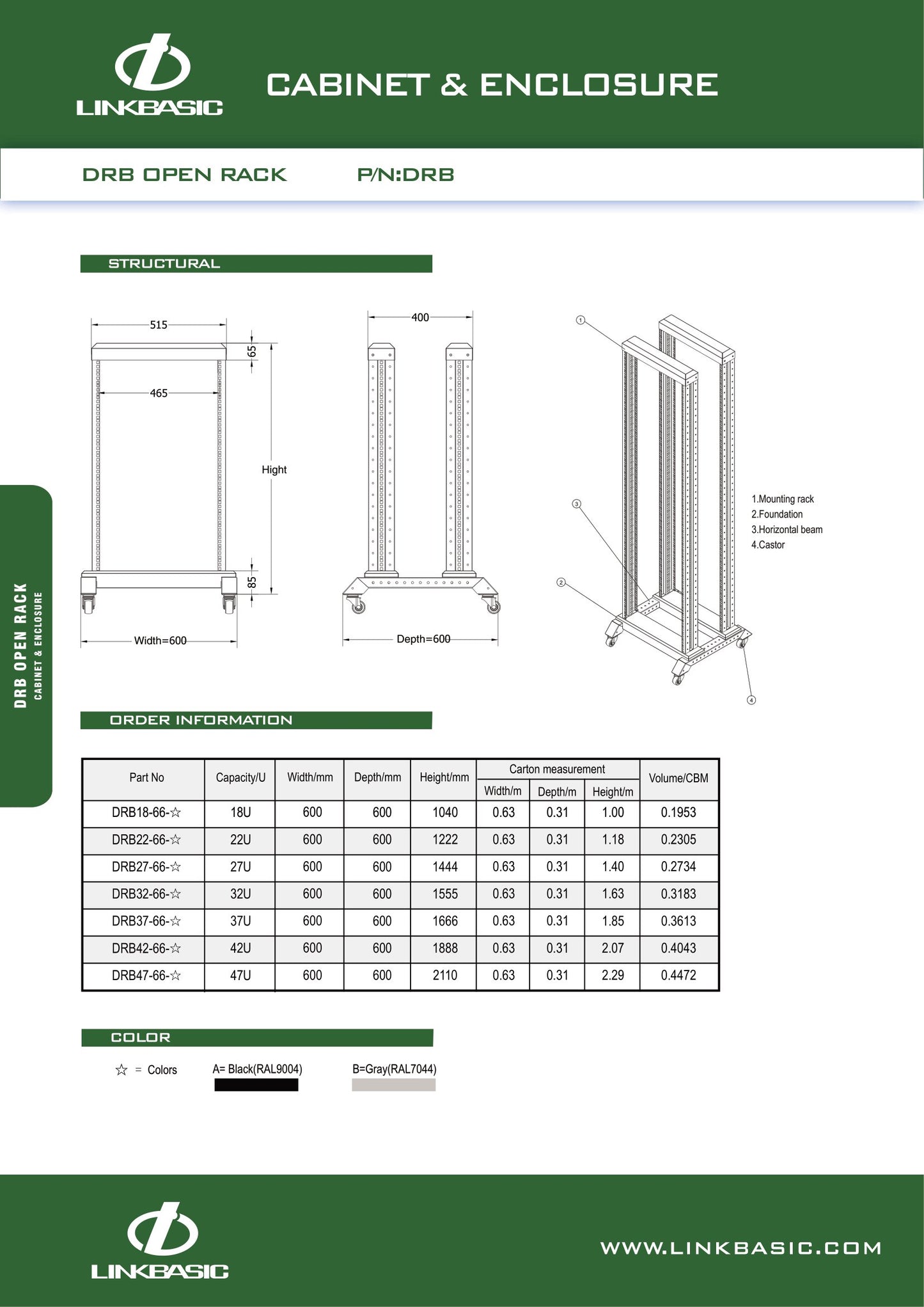 Linkbasic 22U 600 Deep Open Rack Network Cabinet & 2 Shelves