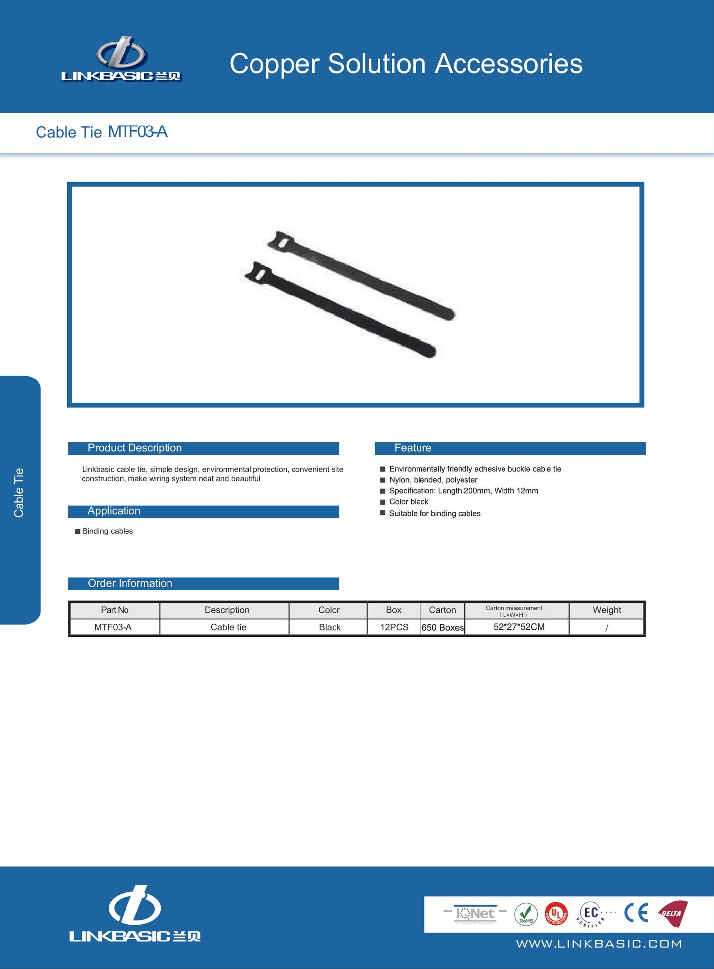 Linkbasic Reusable Velcro Cable Tie 200x12mm 12 Pack. (Rack)