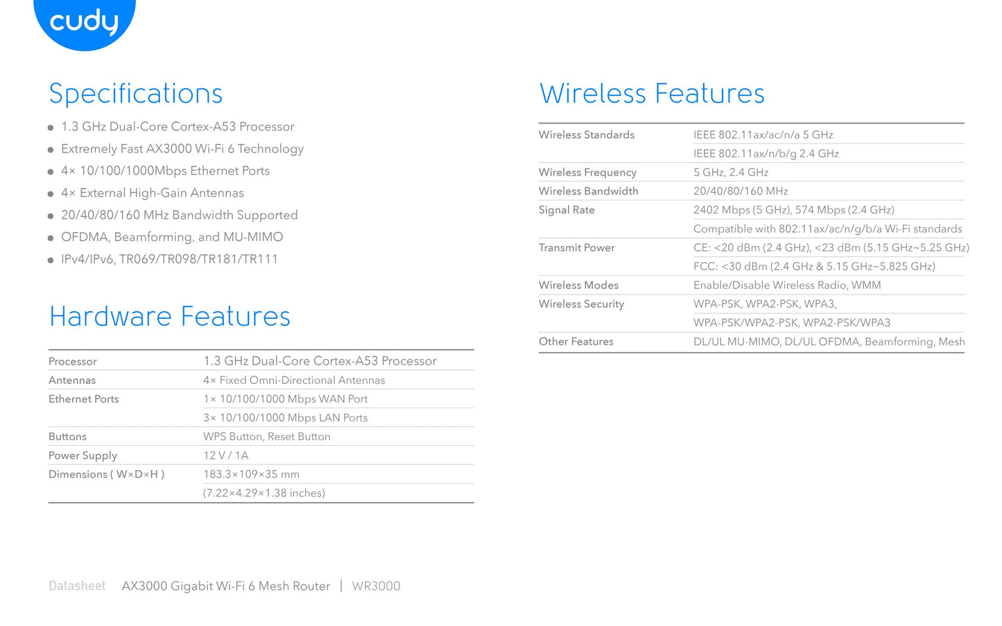 Cudy: Dual Band WiFi 6 3000Mbps 5dBi Gigabit Mesh Router | WR3000