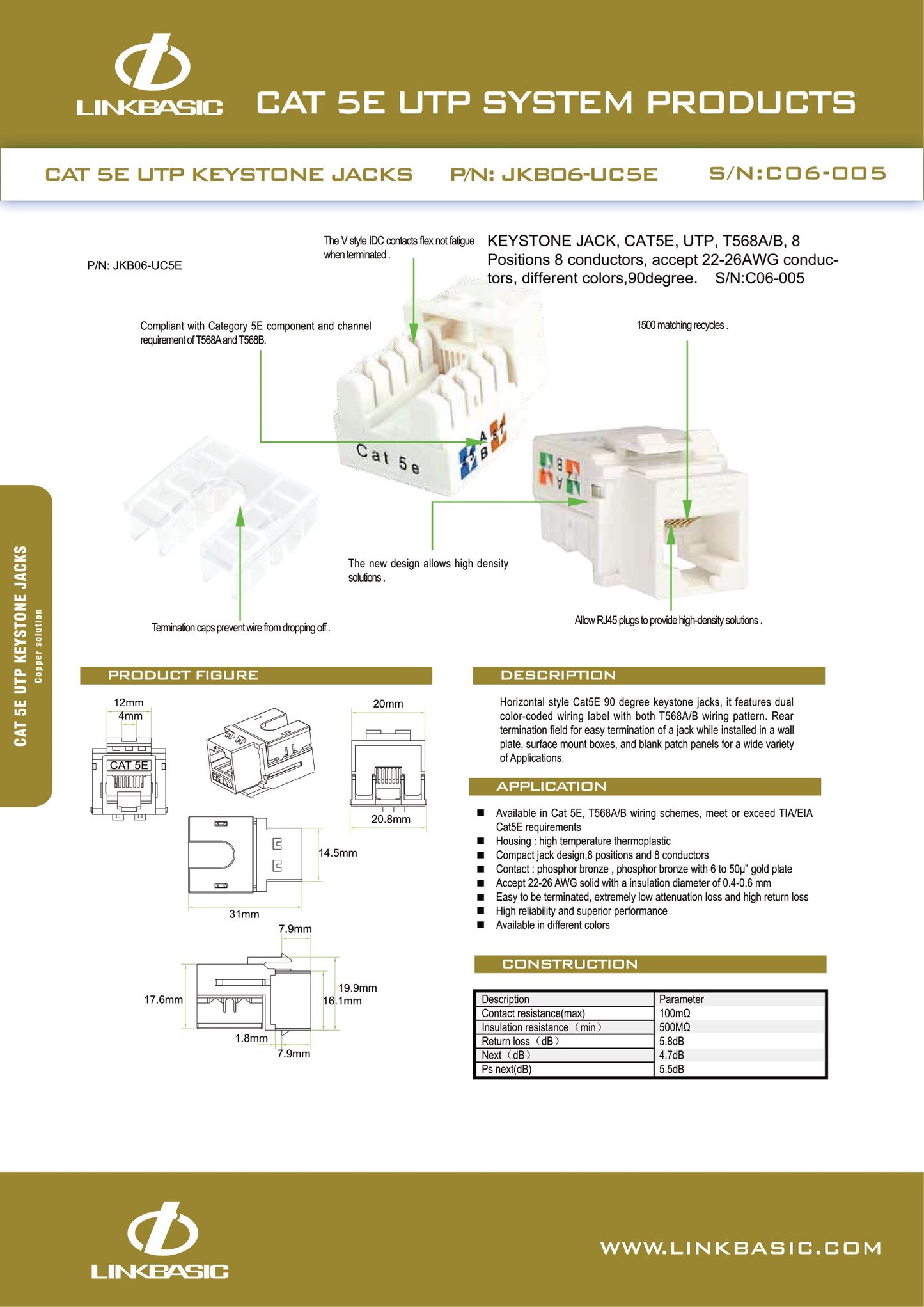 Linkbasic Cat5e UTP Keystone Jack. (Rack), (Termination)