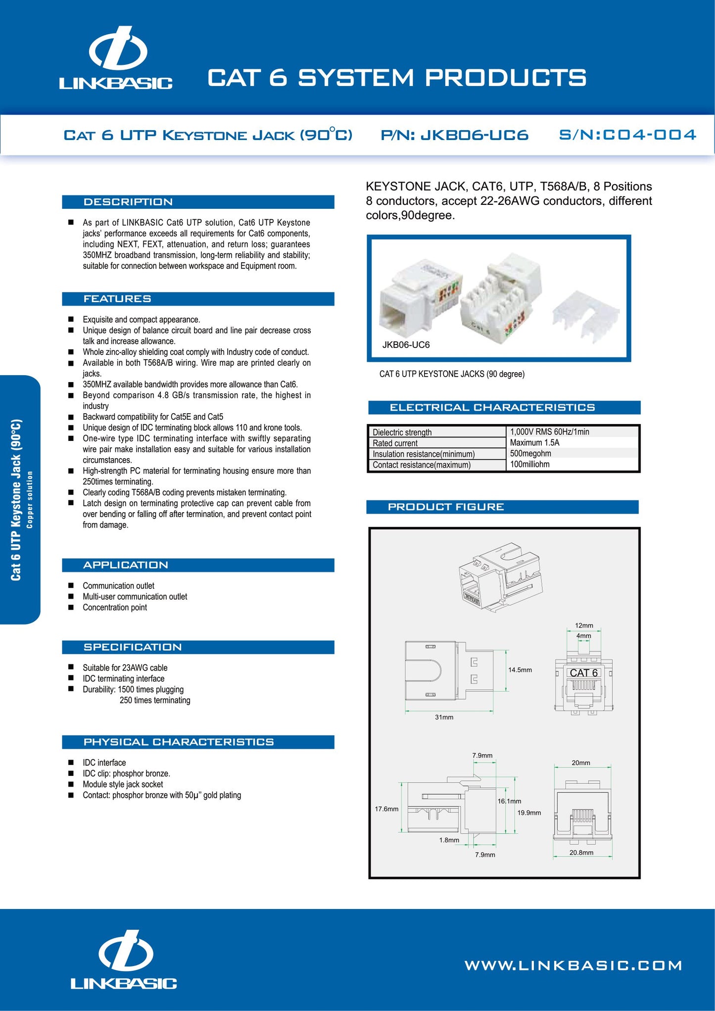 Linkbasic Cat6 UTP Keystone Jack. (Termination)