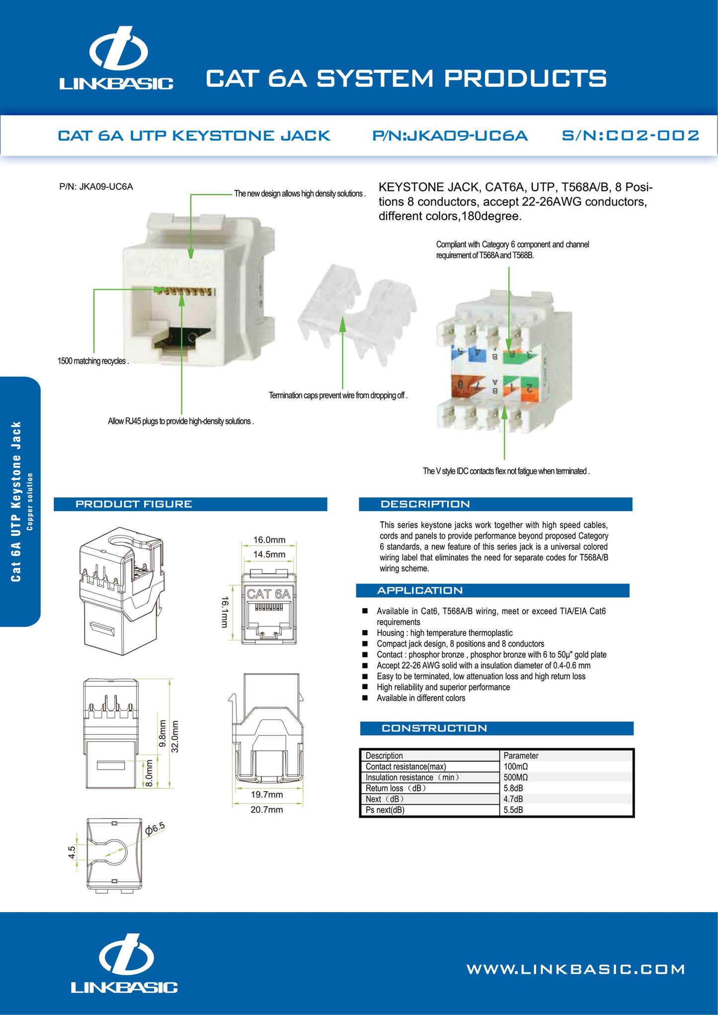 Linkbasic Cat6a UTP Keystone Jack. (Termination)