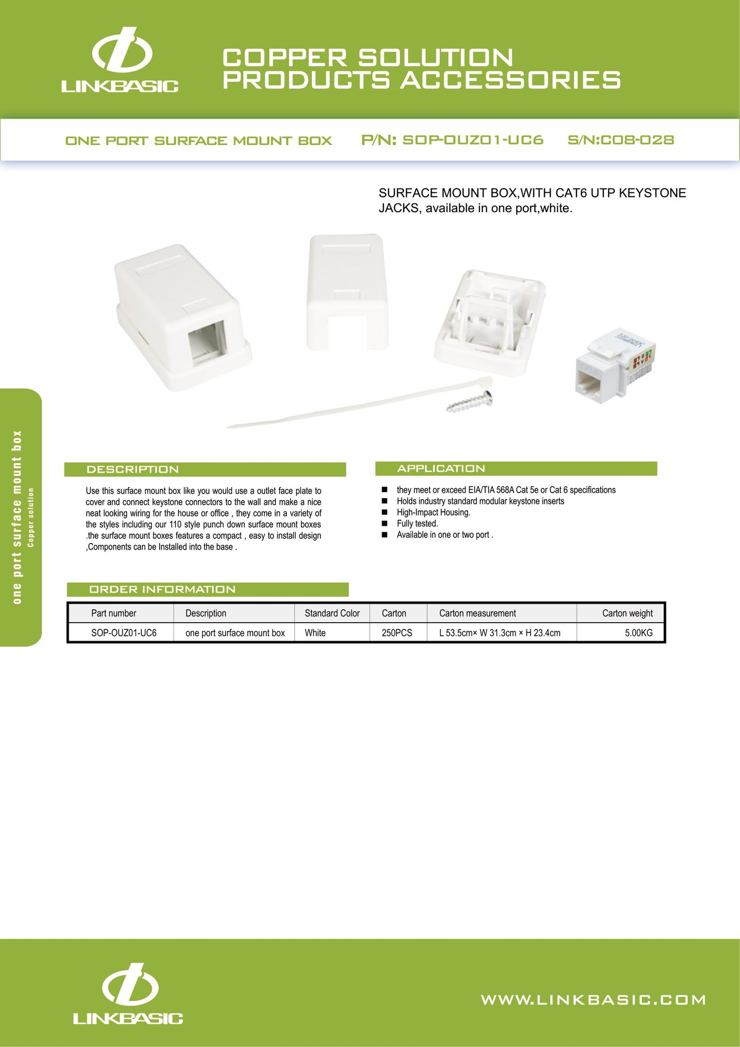 Linkbasic Cat6 Single Surface Mount Box. (Termination)