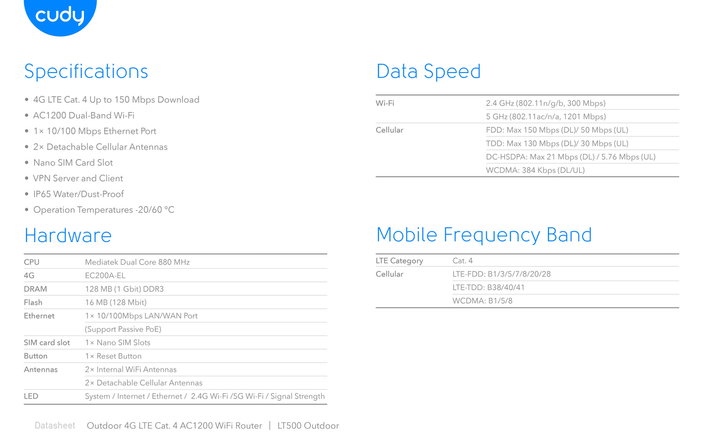 Cudy 4G LTE4 Dual Band 1200Mbps Outdoor WiFi 5 Router | LT500 Outdoor