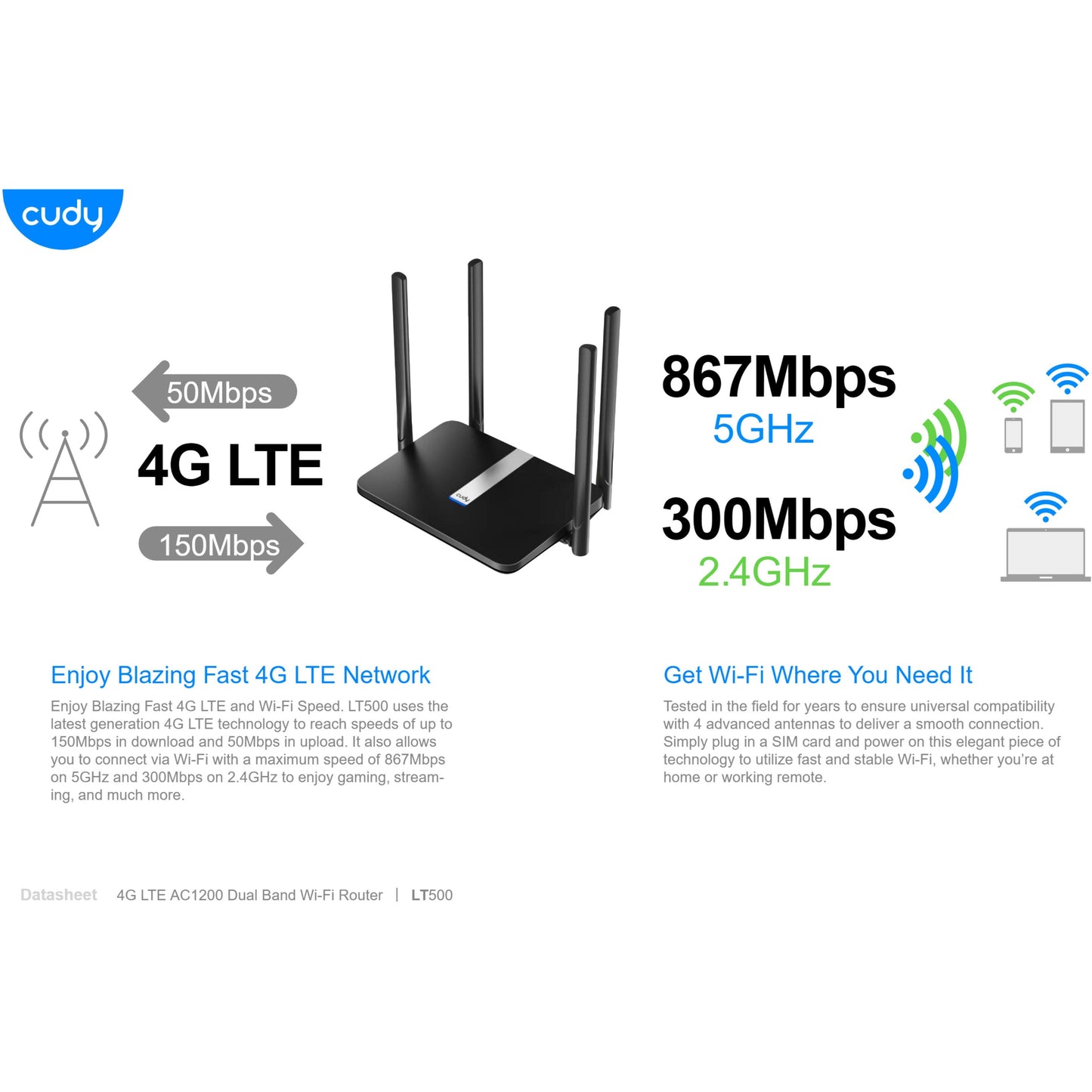 Cudy 4G LTE4 Dual Band 1200Mbps WiFi 5 Router | LT500 (Cudy Mesh compatible)