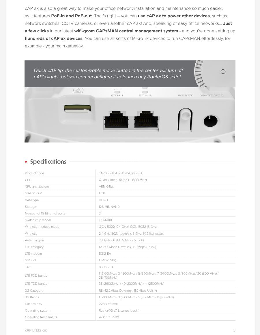 MikroTik cAP LTE12 ax 1800Mbps WiFi 6 Ceiling AP | cAPGi-5HaxD2HaxD&EG12-EA