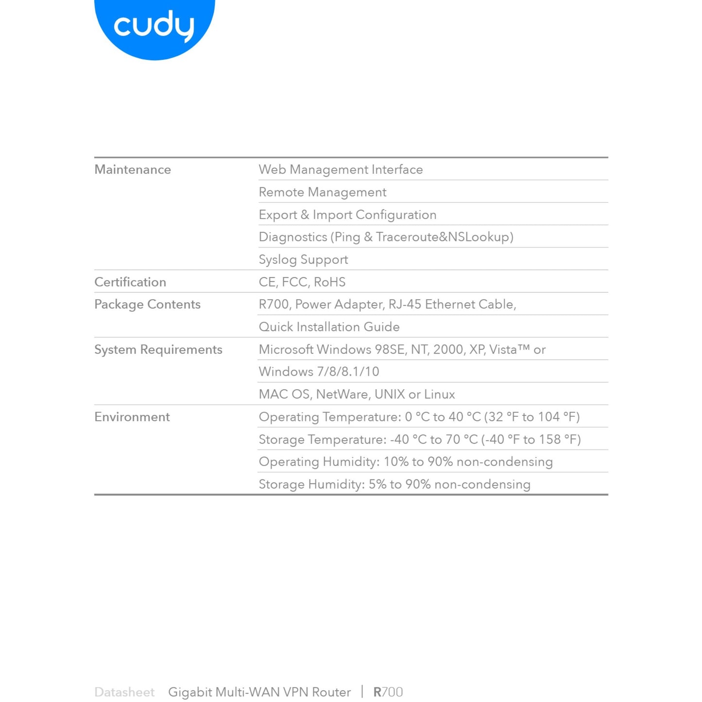 Cudy 5 Port Gigabit Multi-WAN VPN Router | R700
