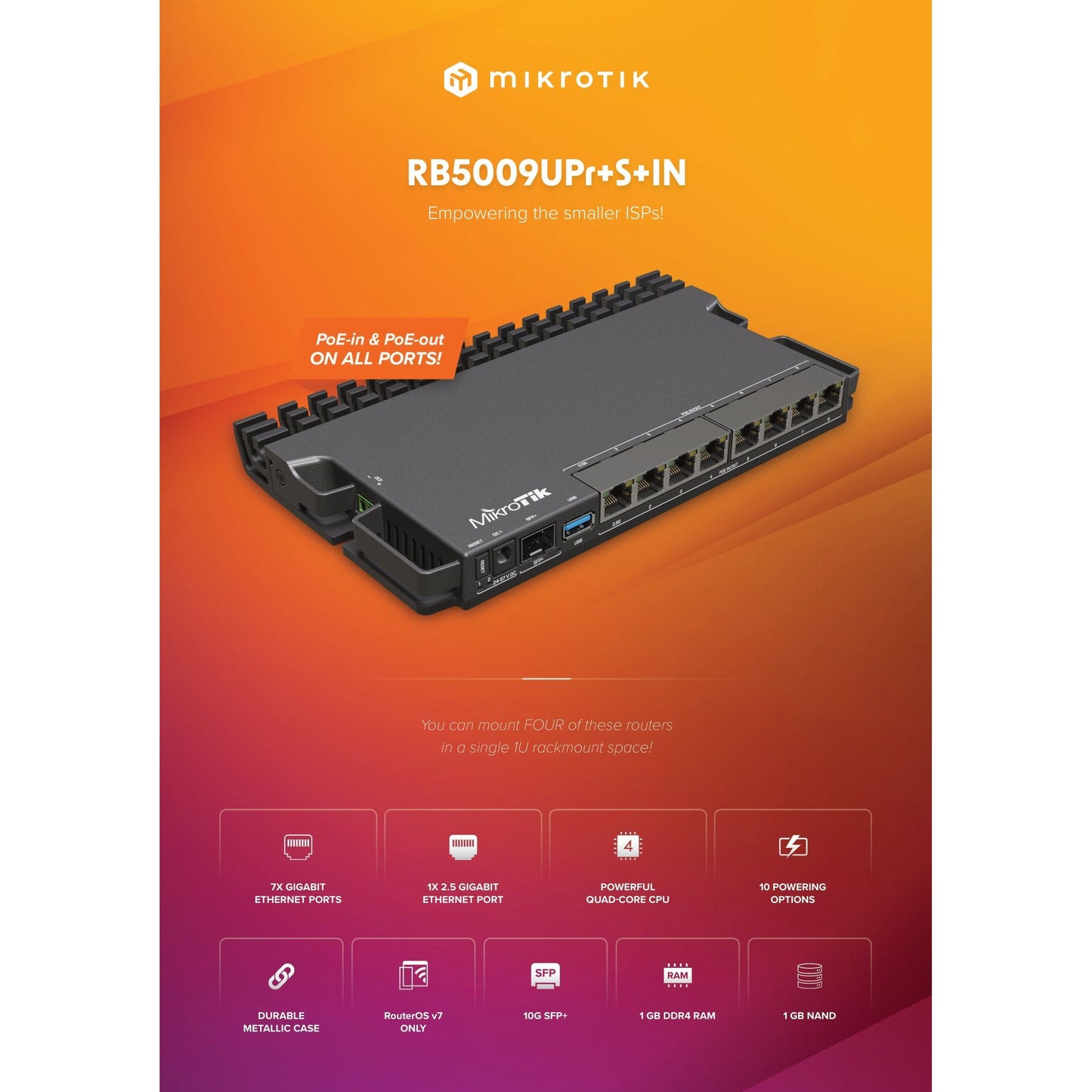 MikroTik 7 Gigabit 1x 2.5Gbps 1SFP+ 4 Core PoE Router | RB5009UPr+S+IN