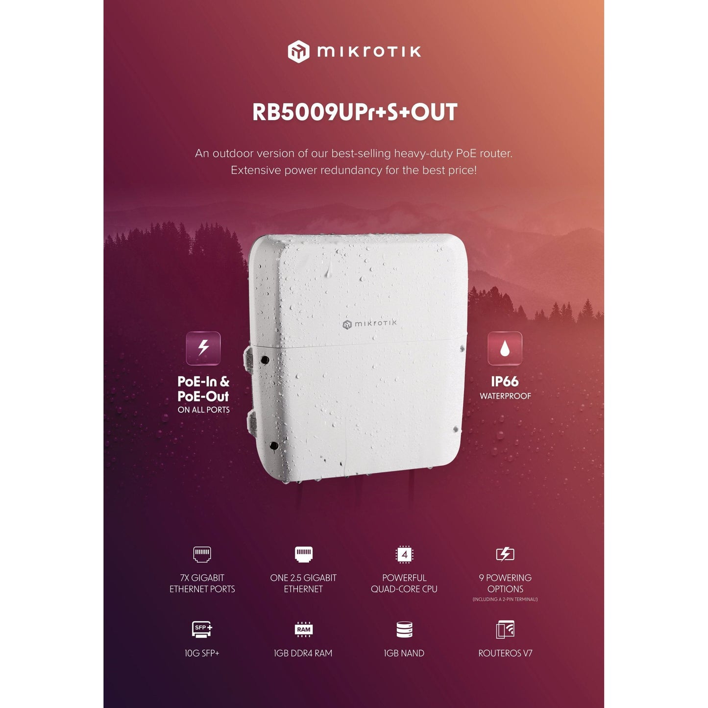 MikroTik 7 Port Gigabit 1x 2.5Gbps 1SFP+ 4 Core Outdoor PoE Router | RB5009UPr+S+OUT
