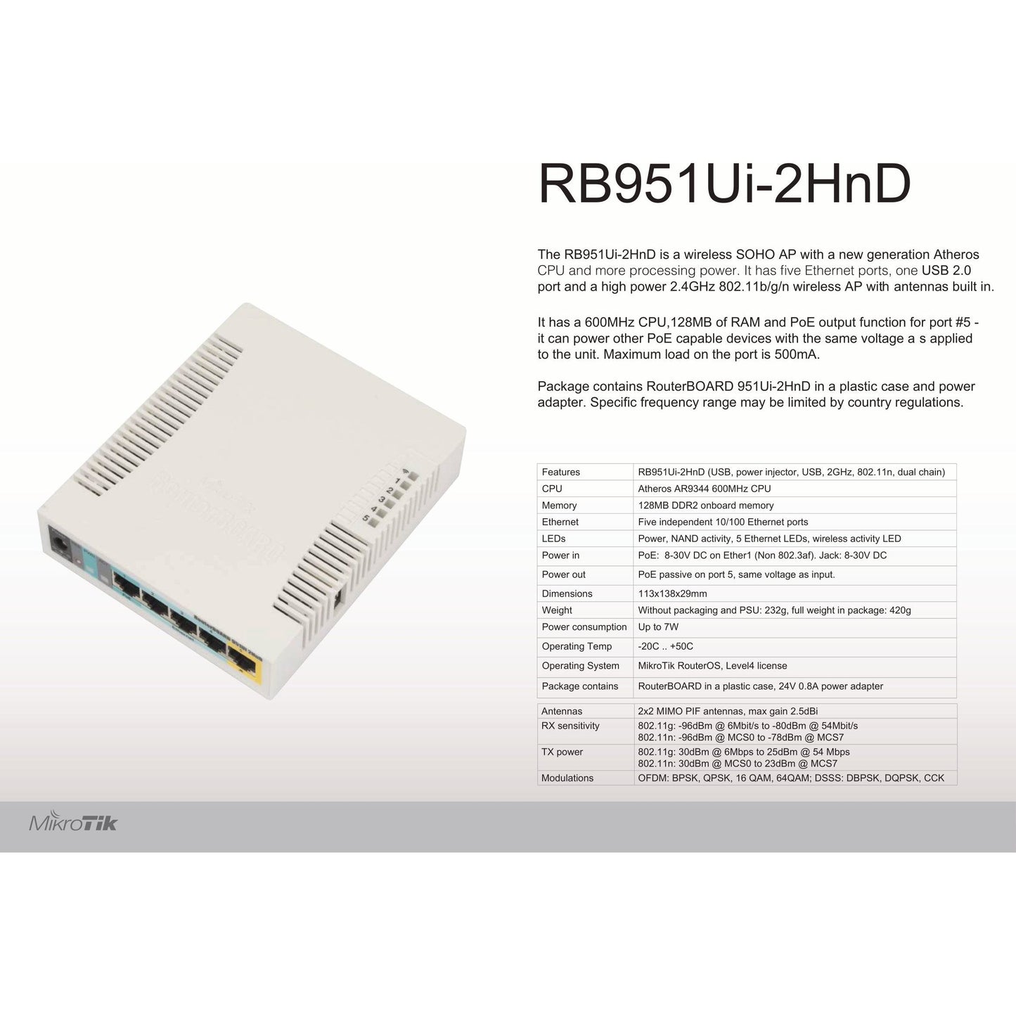 MikroTik 2.4GHz 2.5dBi 5 Port Ethernet WiFi Router | RB951Ui-2HnD