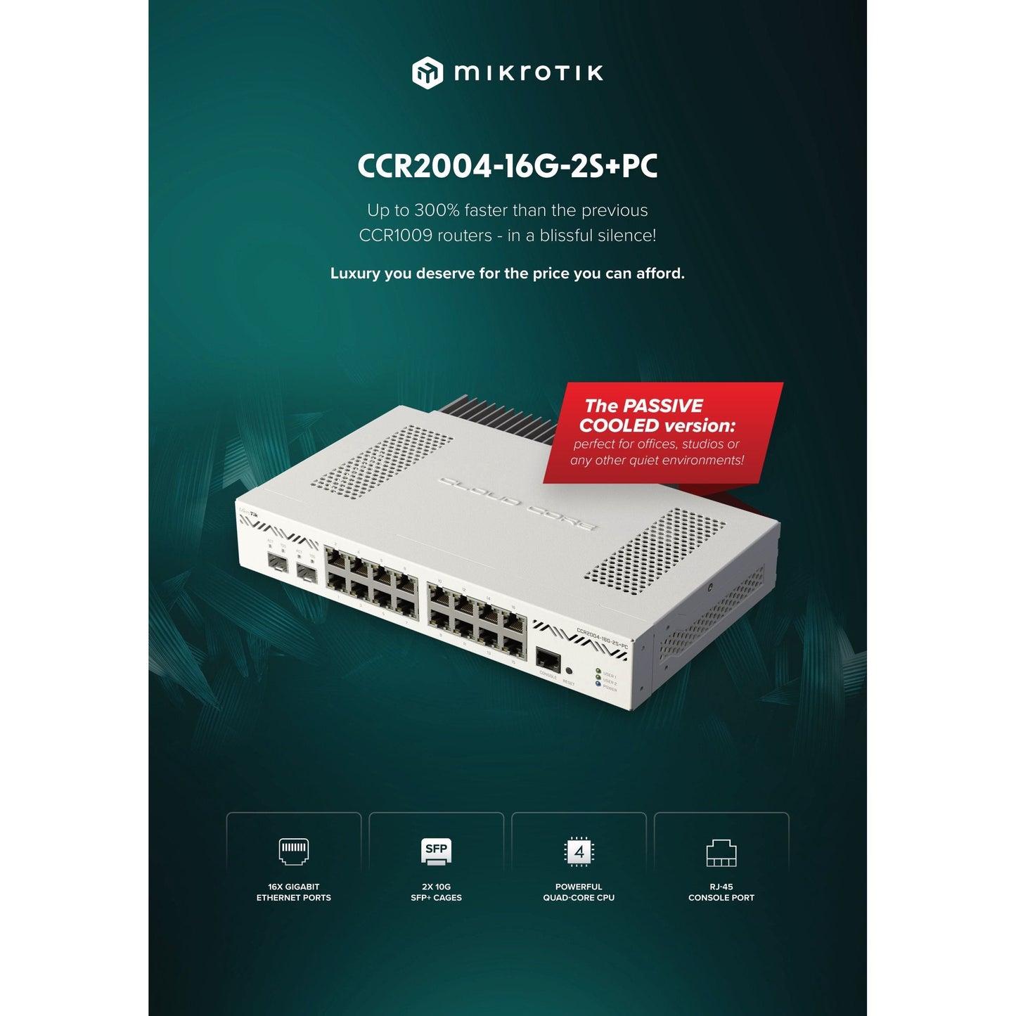 MikroTik Cloud Core 16 Port Gigabit 2SFP+ Passive Cooling Router | CCR2004-16G-2S+PC