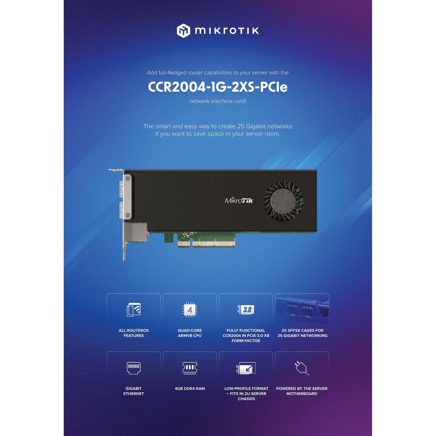 MikroTik Cloud Core 2 Port SFP28 4 Core Smart PCIe NIC | CCR2004-1G-2XS-PCIe