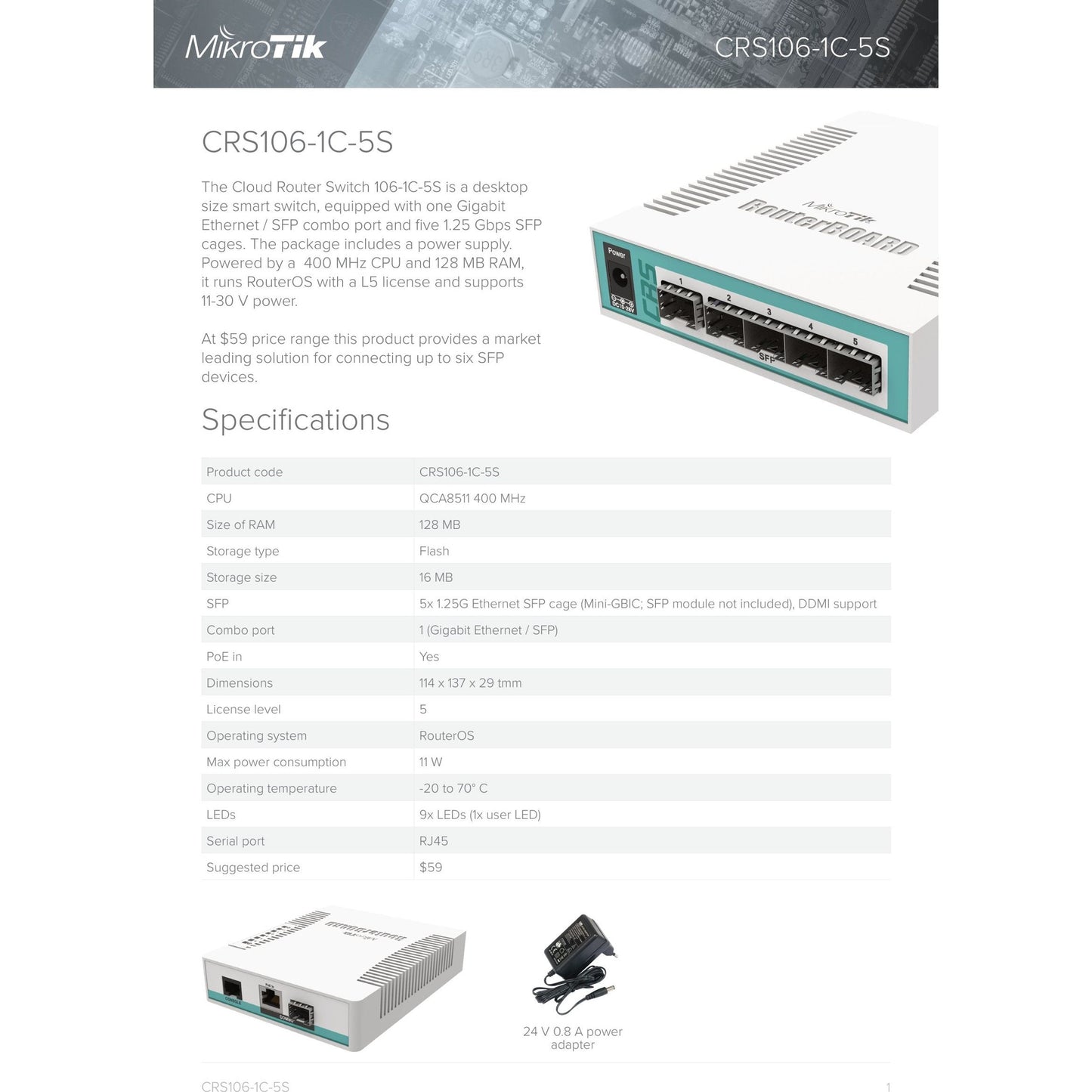 MikroTik Cloud Router Switch 5 Port SFP 1 PoE/SFP Port | CRS106-1C-5S