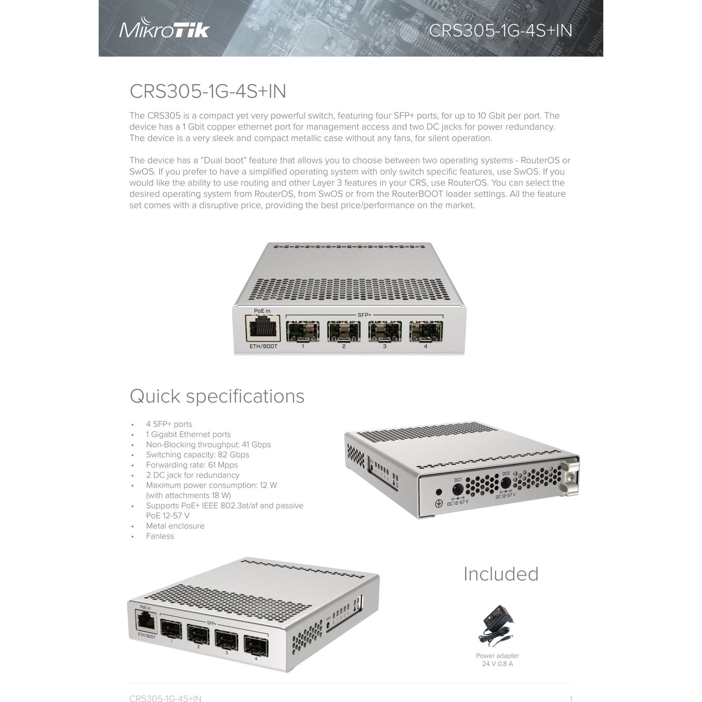 MikroTik Cloud Router Switch 4 Port SFP+ | CRS305-1G-4S+IN