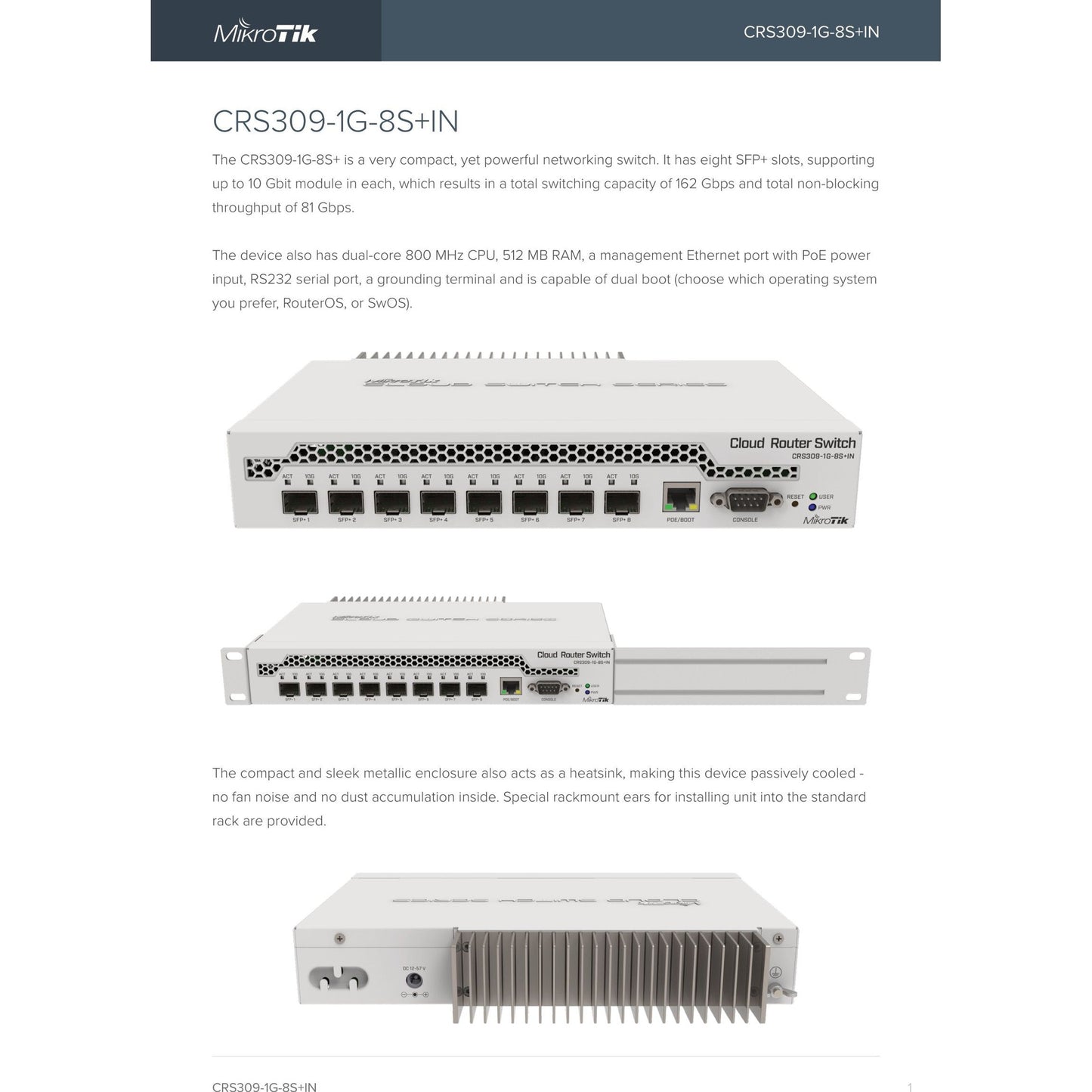 MikroTik Cloud Router Switch 8 Port SFP+ with PoE Input | CRS309-1G-8S+IN
