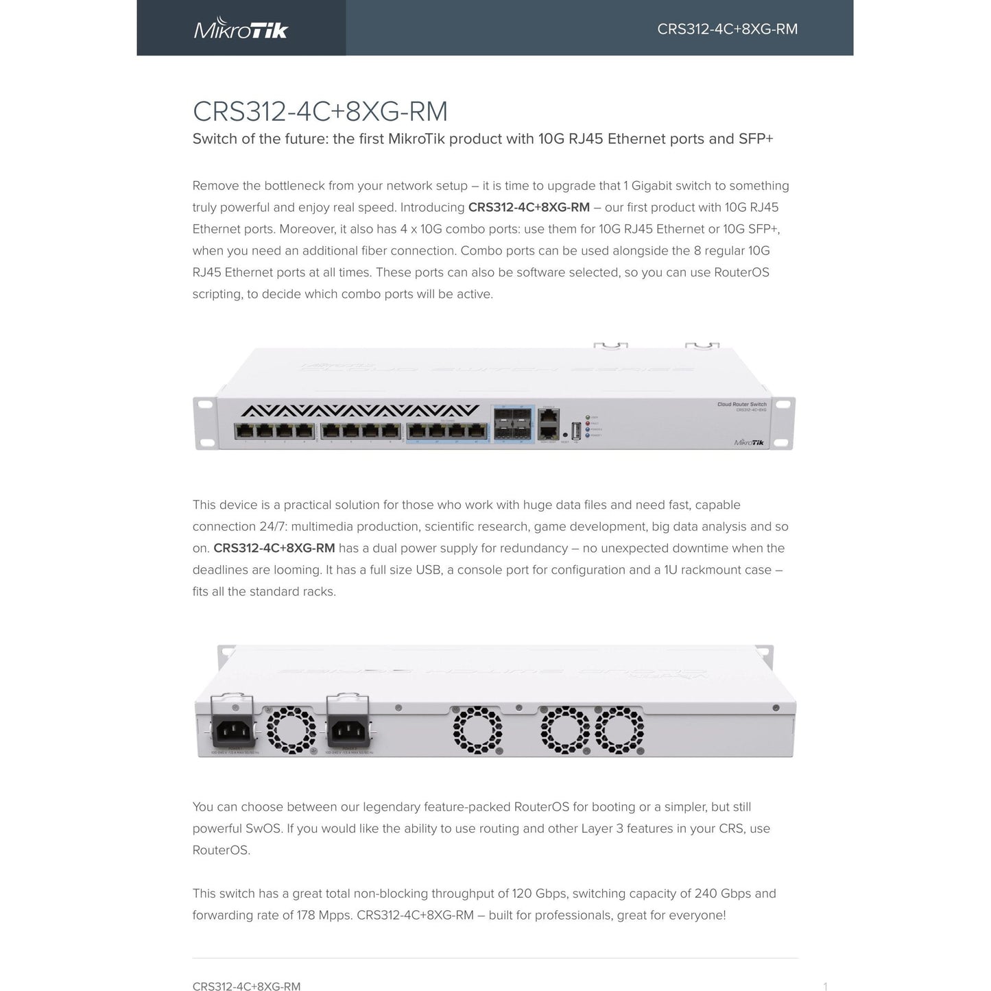 MikroTik Cloud Router Switch 8 Port 10Gbps 4SFP+/10Gbps Ports | CRS312-4C+8XG-RM