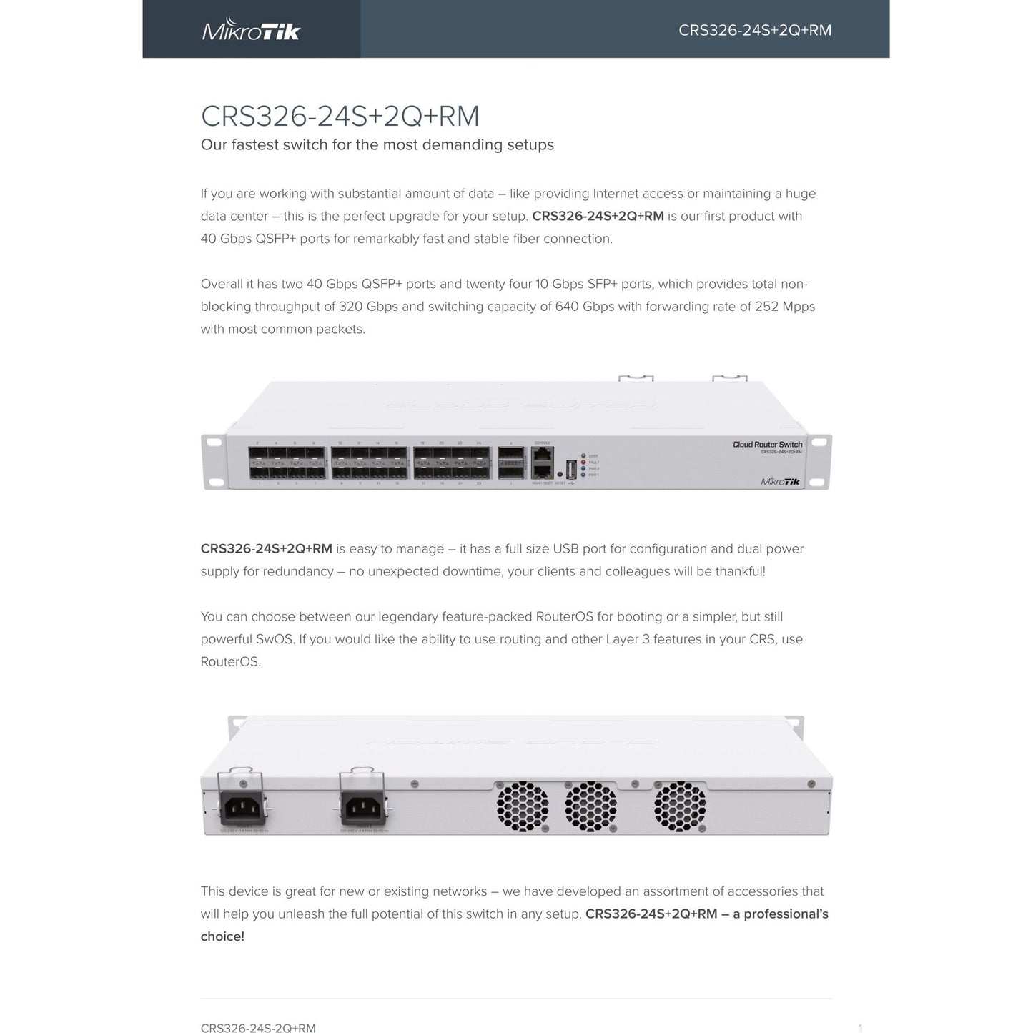 MikroTik Cloud Router Switch 24 Port SFP+ 2QSFP+ | CRS326-24S+2Q+RM