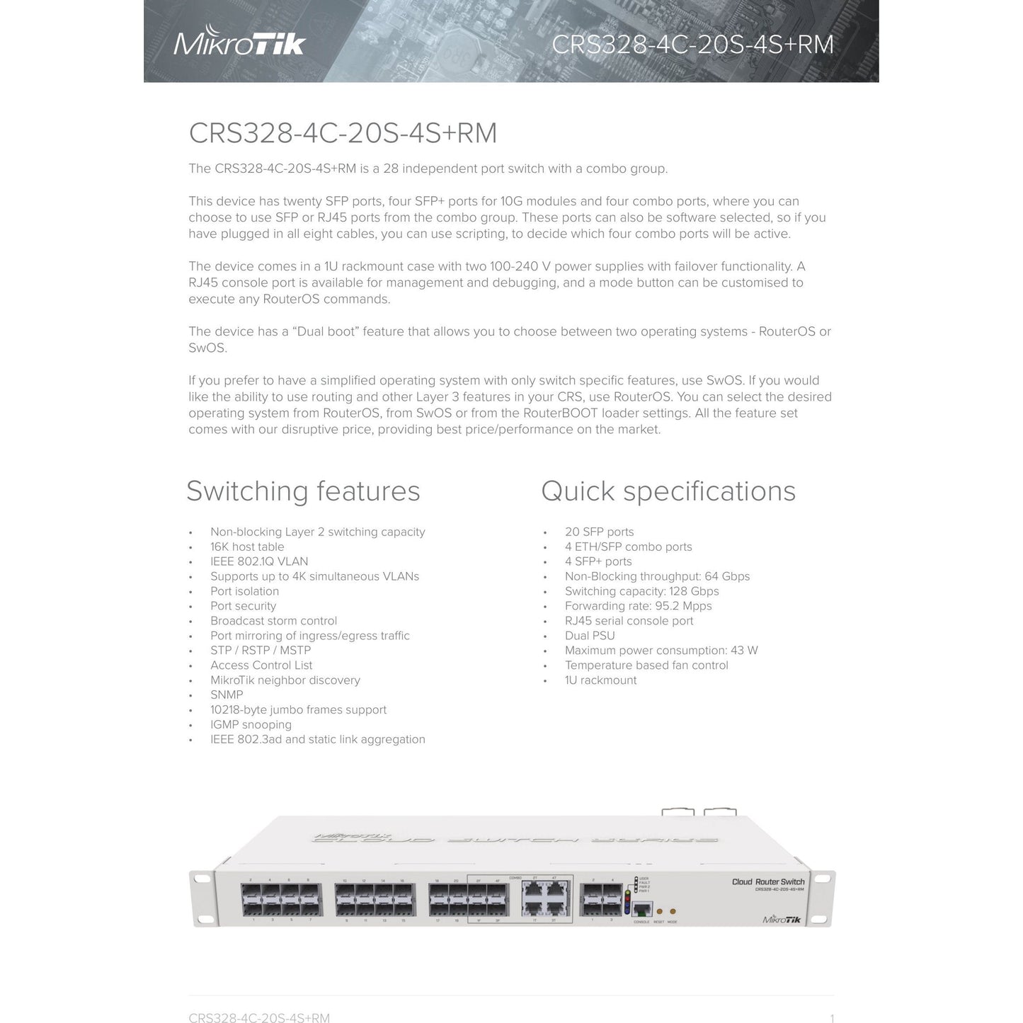 MikroTik Cloud Router Switch 20 Port SFP 4SFP+ 4 Gigabit/SFP Ports | CRS328-4C-20S-4S+RM