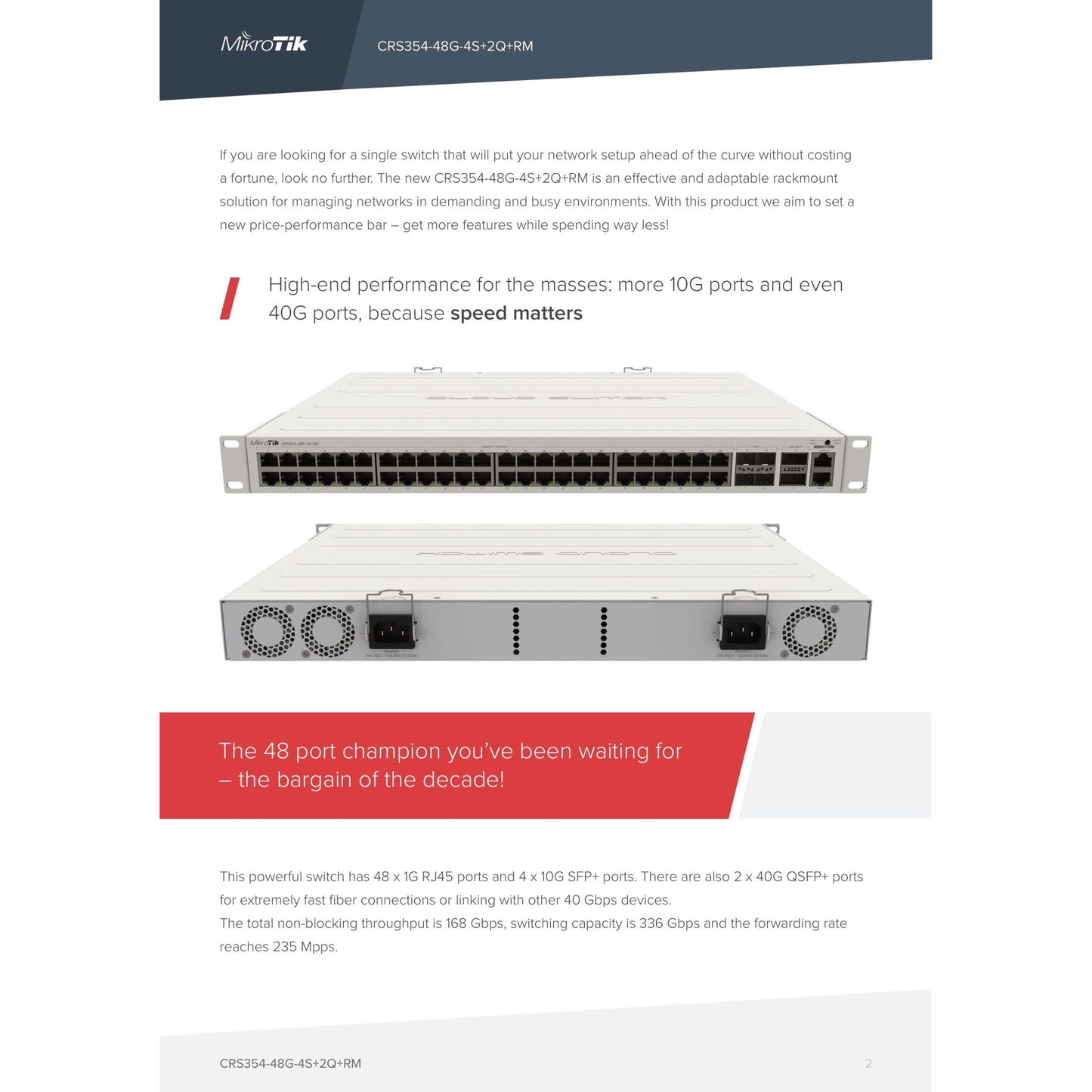 MikroTik Cloud Router Switch 48 Port Gigabit 4SFP+ 2 QSFP+ | CRS354-48G-4S+2Q+RM