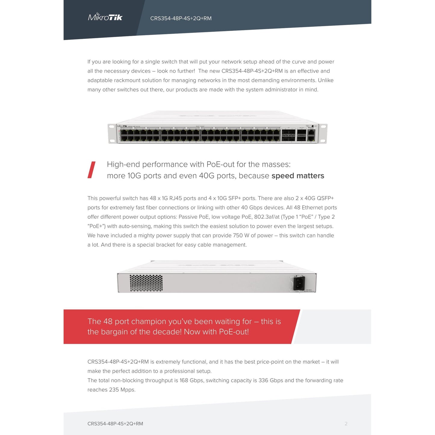 MikroTik Cloud Router Switch 48 Port PoE 700W 4SFP+ 2 QSFP+ | CRS354-48P-4S+2Q+RM