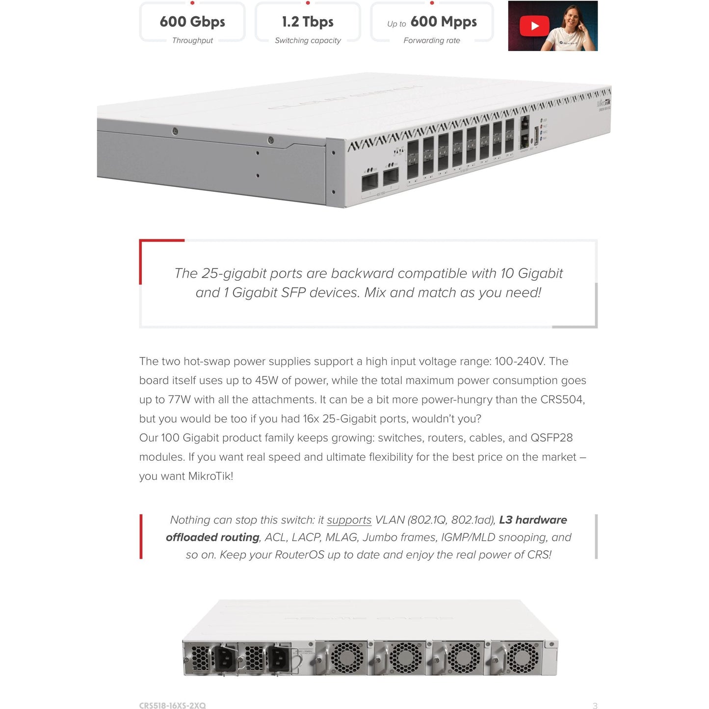 MikroTik Cloud Router Switch 16 Port SFP28 2 QSFP28 | CRS518-16XS-2XQ-RM