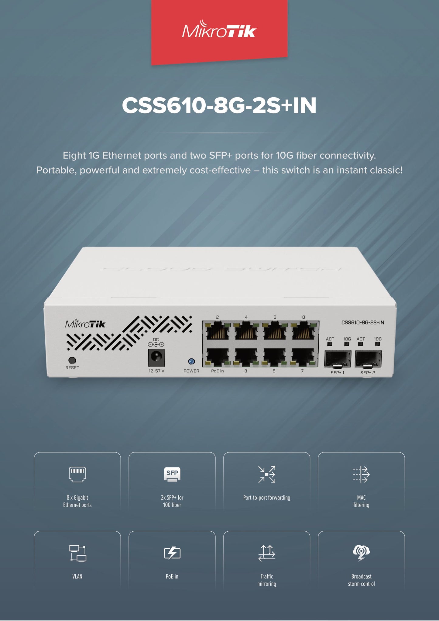 MikroTik SwOS Smart Switch 8 Port Gigabit 2SFP+ PoE Input | CSS610-8G-2S+IN