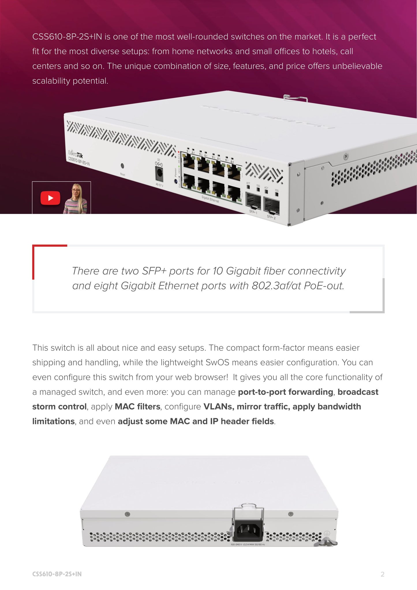 MikroTik SwoS Cloud Switch 8 Port PoE 2 SFP+ | CSS610-8P-2S+IN