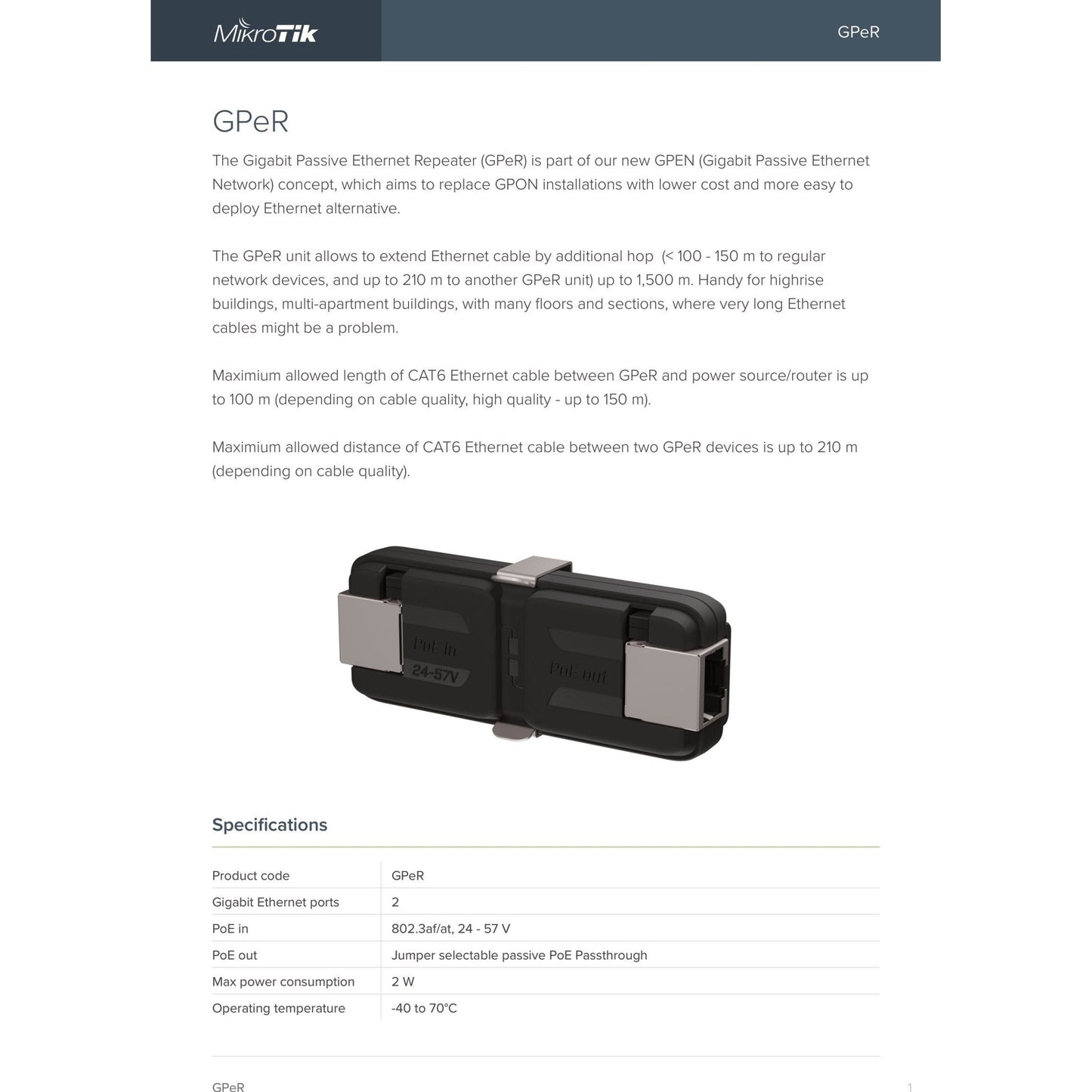 MikroTik Gigabit Passive Ethernet Repeater | GPeR