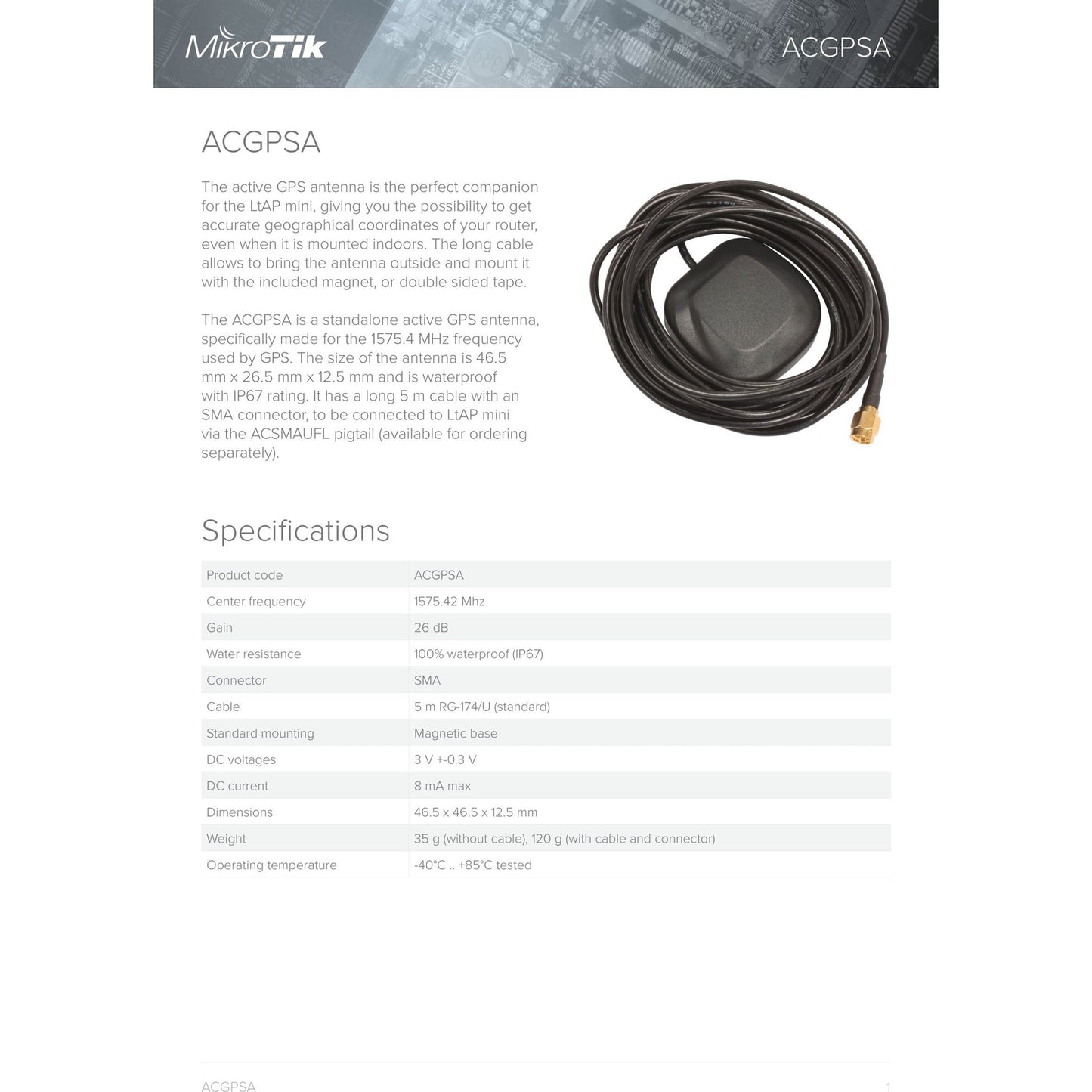 MikroTik Active GPS antenna for LtAP mini LTE Kit | ACGPSA