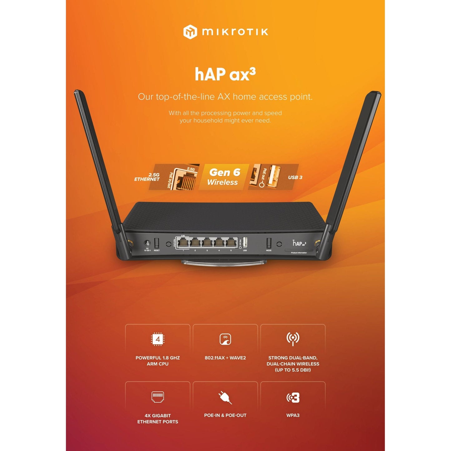 MikroTik hAP ax3 4 Gigabit 1 Port 2.5G PoE 1800Mbps WiFi 6 Router | C53UiG+5HPaxD2HPaxD