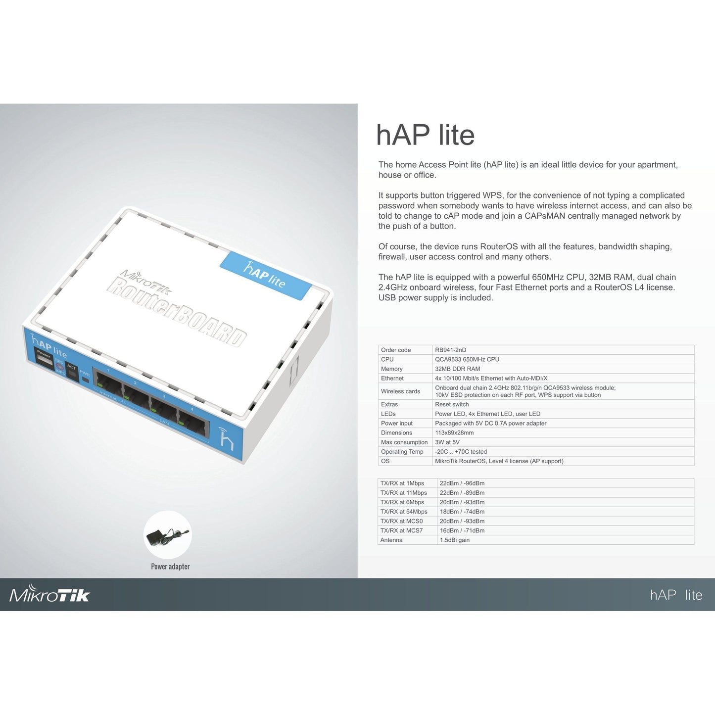 MikroTik hAP Lite 4 Port Ethernet 300Mbps WiFi 4 Router | RB941-2nD